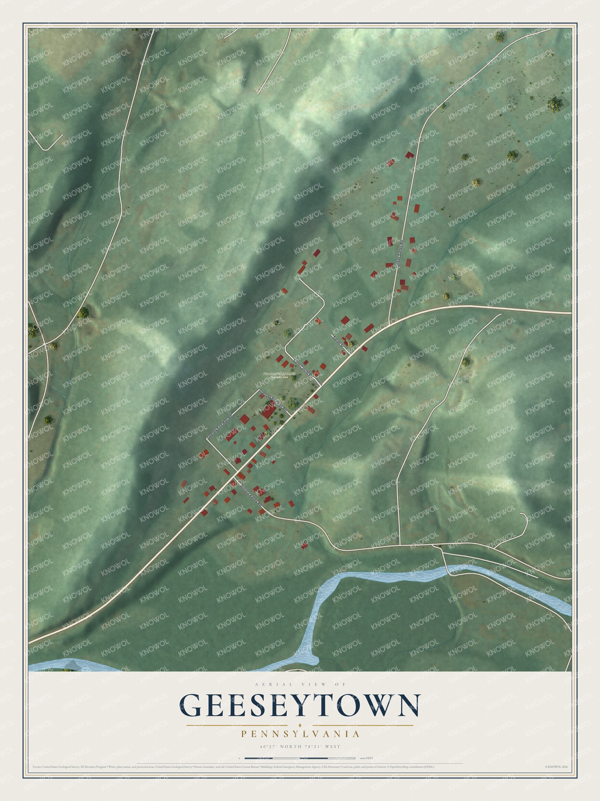 Full map of Geeseytown, Pennsylvania, with red buildings, printed street names and the land around them