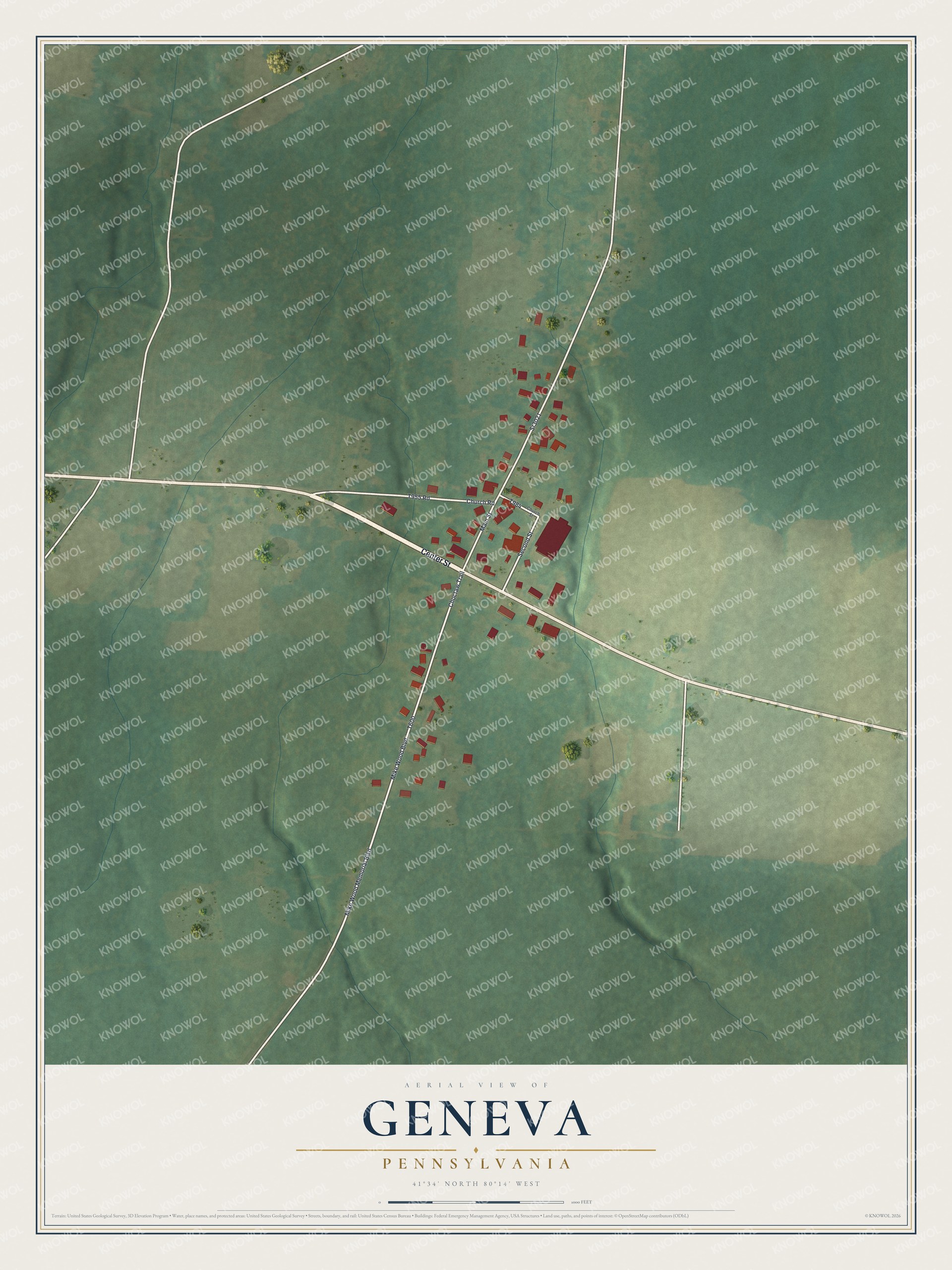 Full map of Geneva, Pennsylvania, with red buildings, printed street names and the land around them