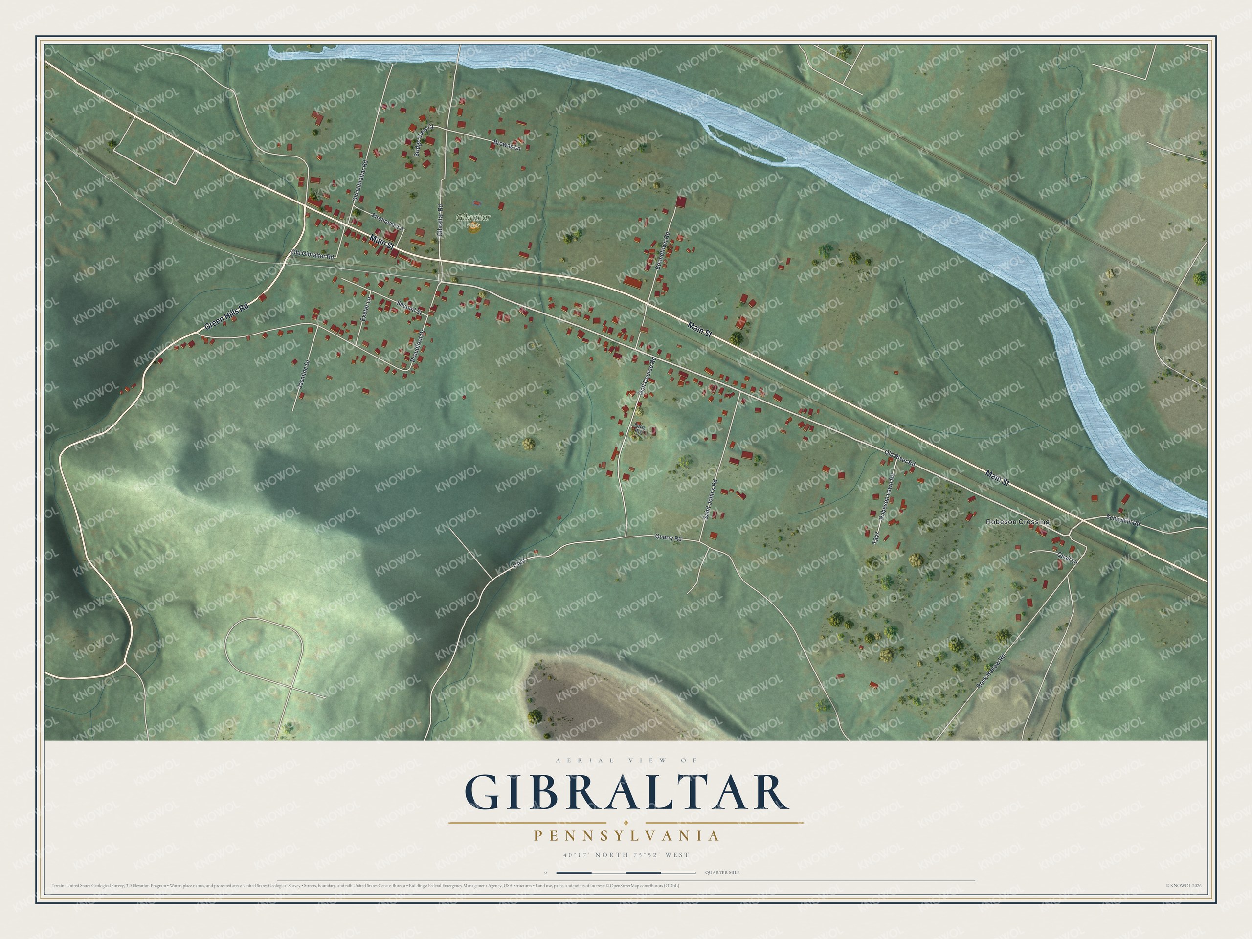 Full map of Gibraltar, Pennsylvania, with red buildings, printed street names and the land around them