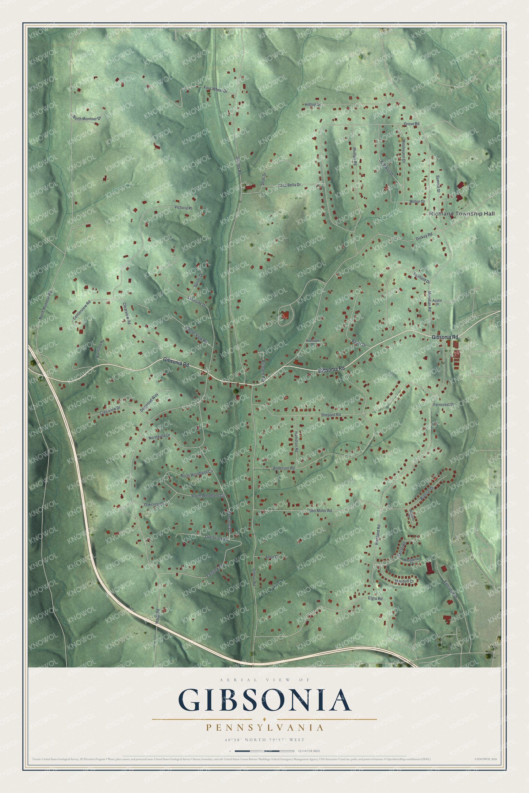 Full map of Gibsonia, Pennsylvania, with red buildings, printed street names and the land around them