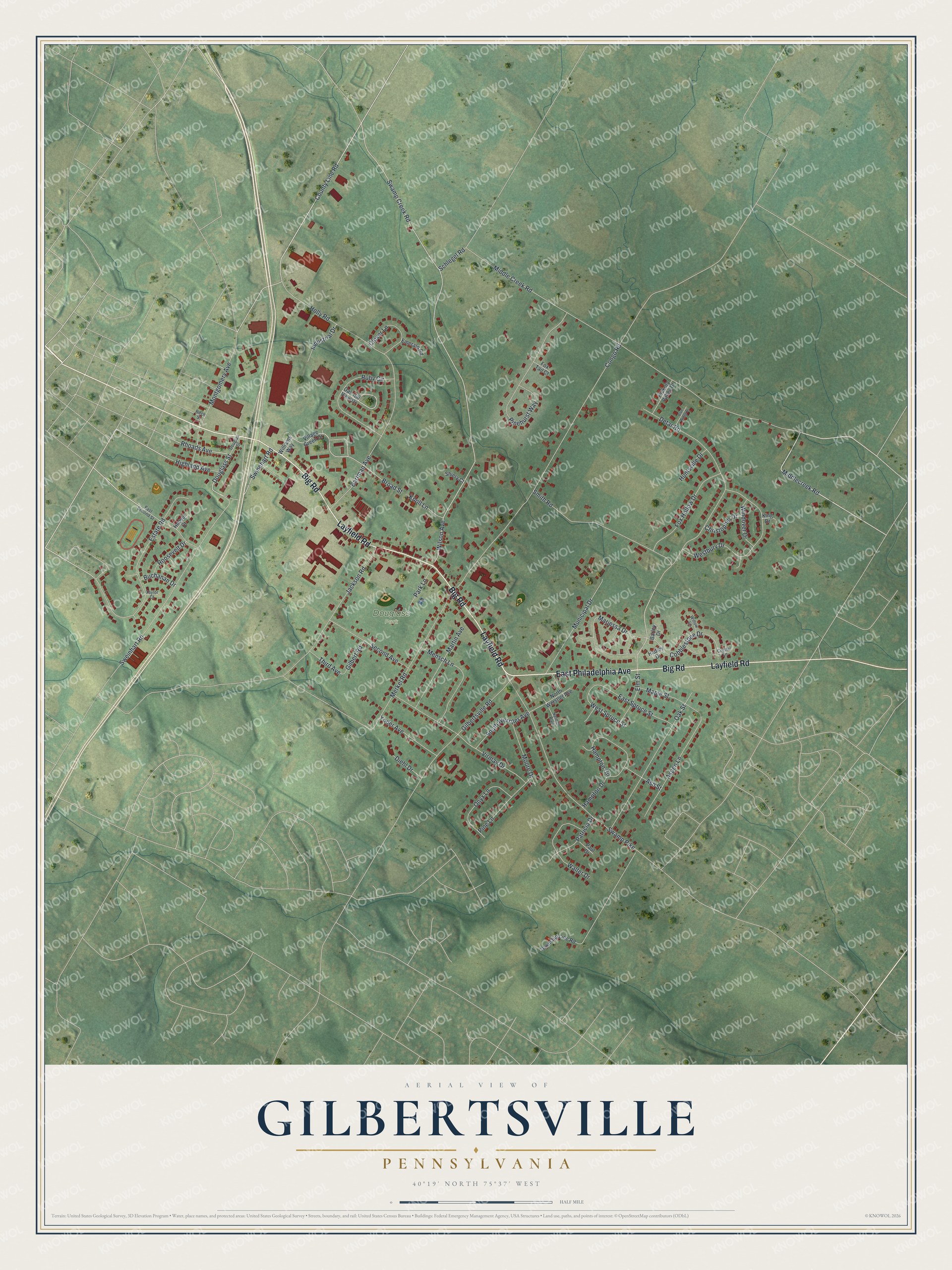 Full map of Gilbertsville, Pennsylvania, with red buildings, printed street names and the land around them
