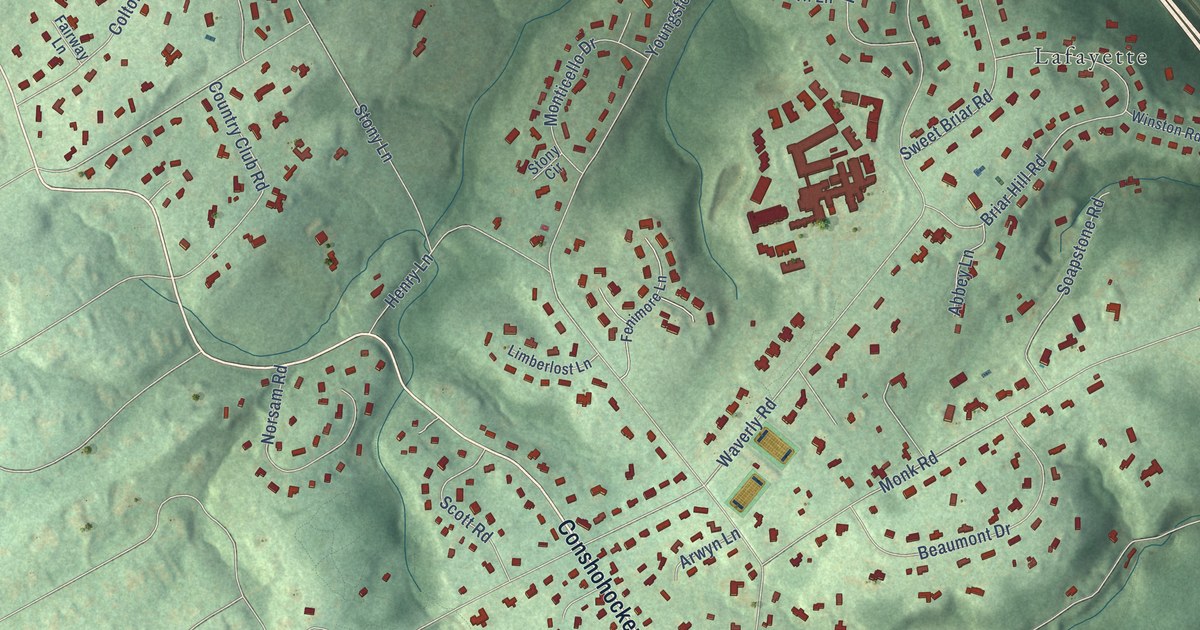 Close-up of streets and buildings in Gladwyne, Pennsylvania