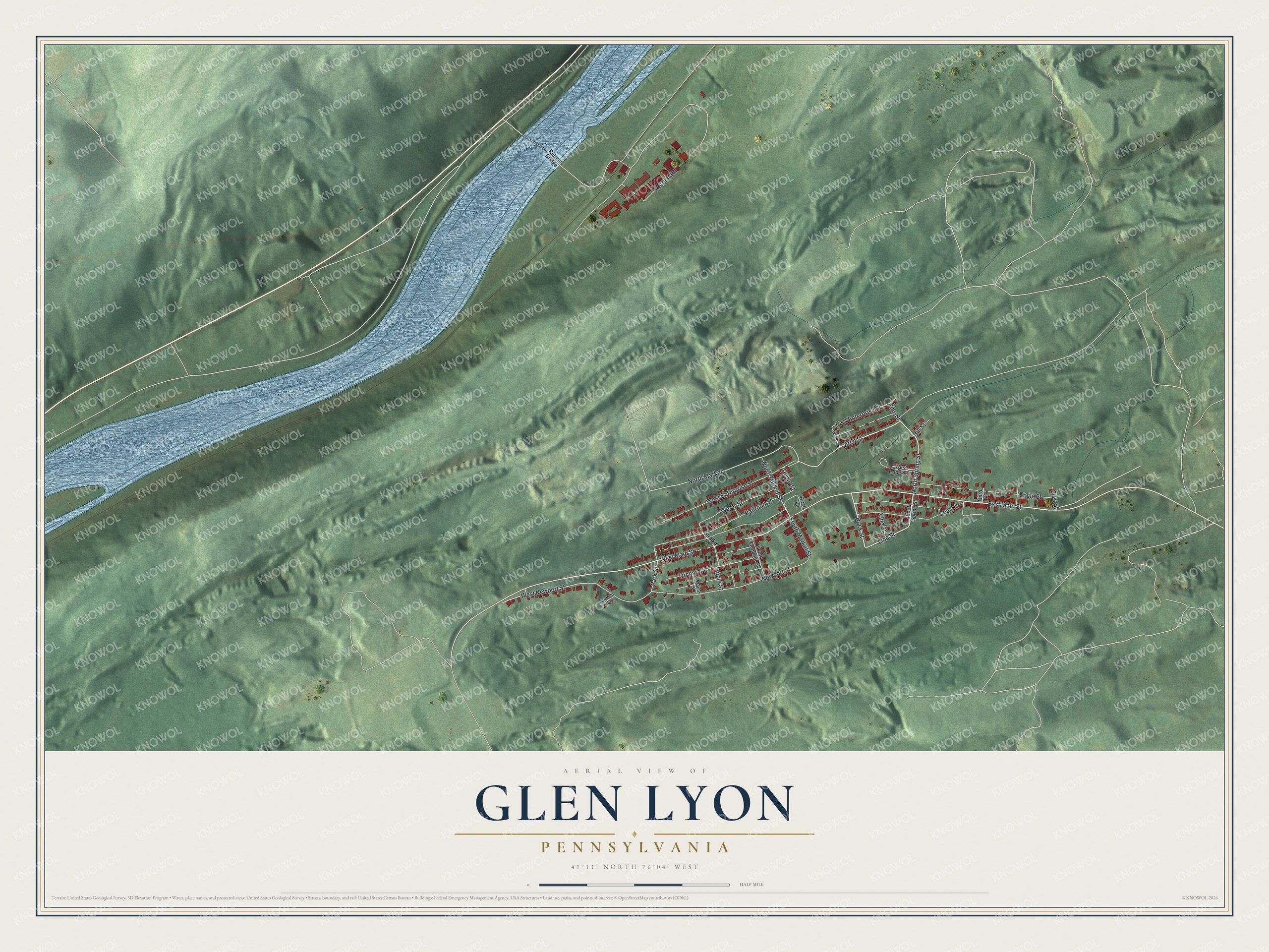 Full map of Glen Lyon, Pennsylvania, with red buildings, printed street names and the land around them