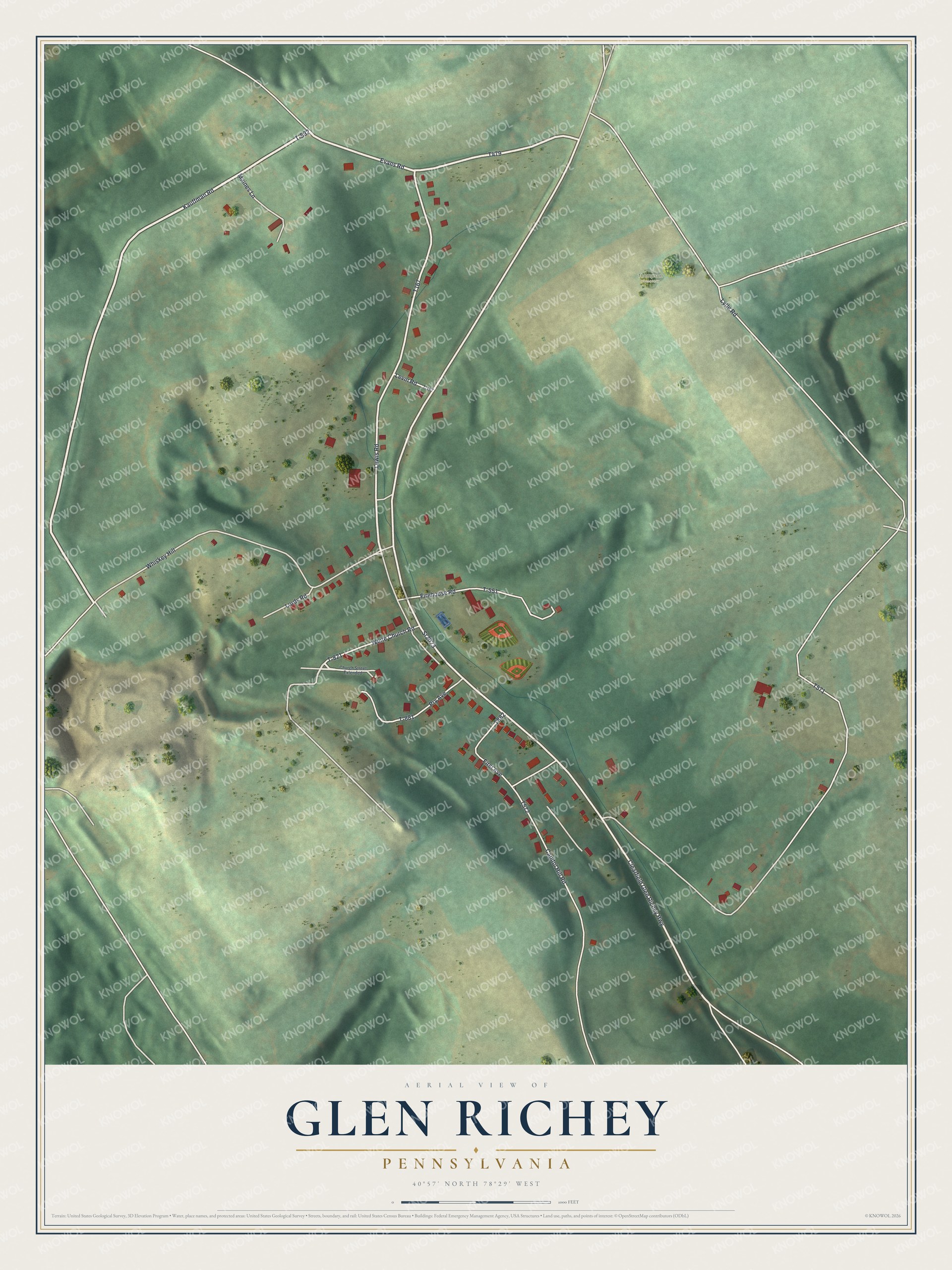 Full map of Glen Richey, Pennsylvania, with red buildings, printed street names and the land around them
