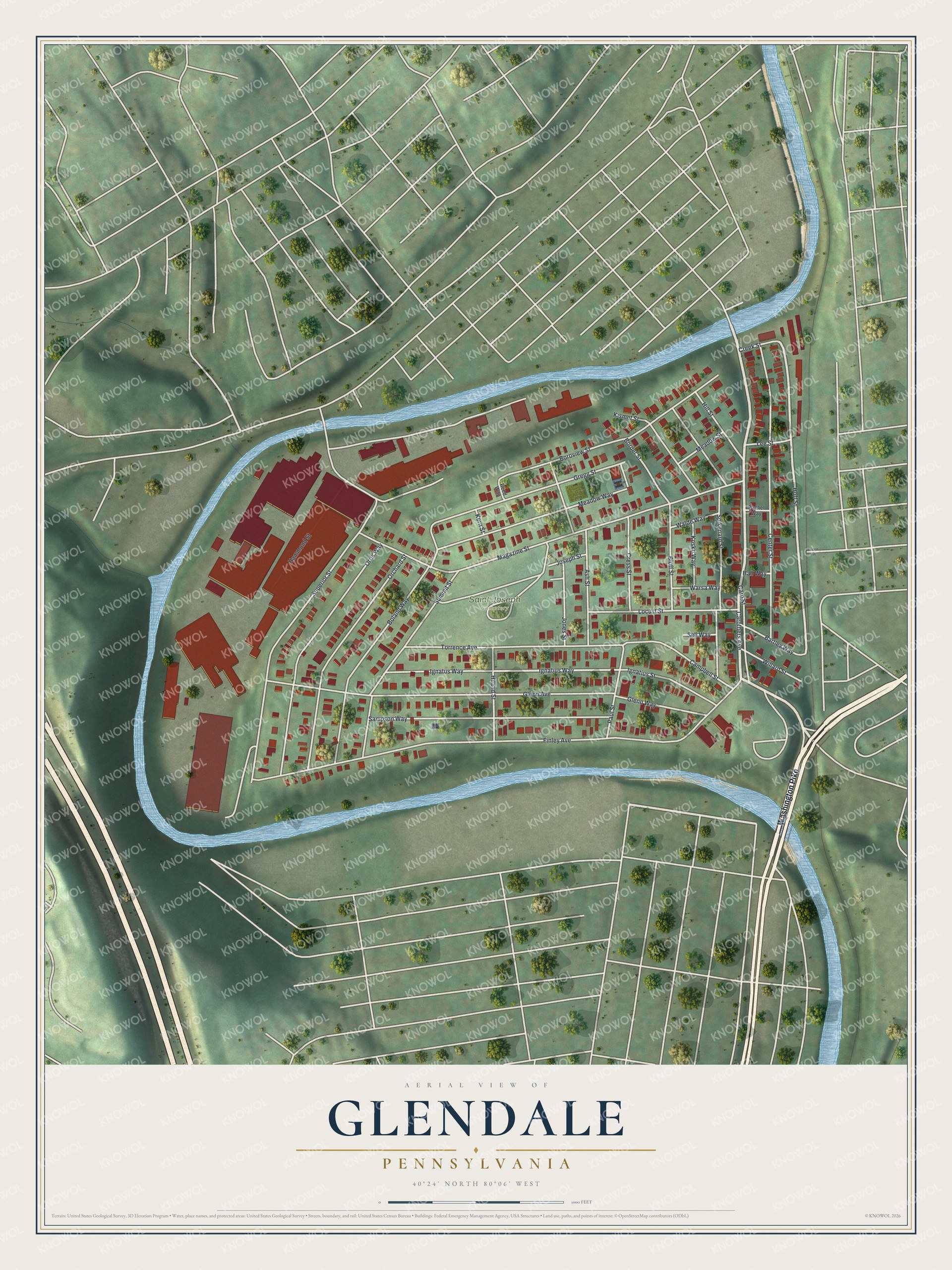 Full map of Glendale, Pennsylvania, with red buildings, printed street names and the land around them