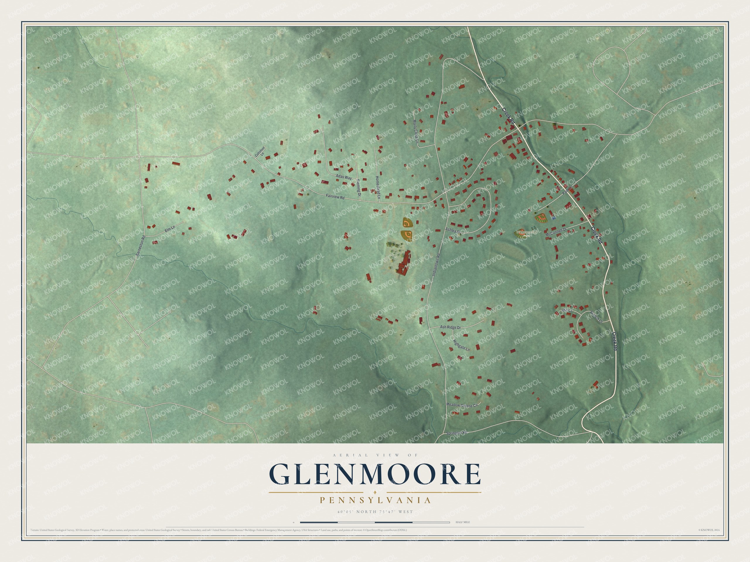 Full map of Glenmoore, Pennsylvania, with red buildings, printed street names and the land around them