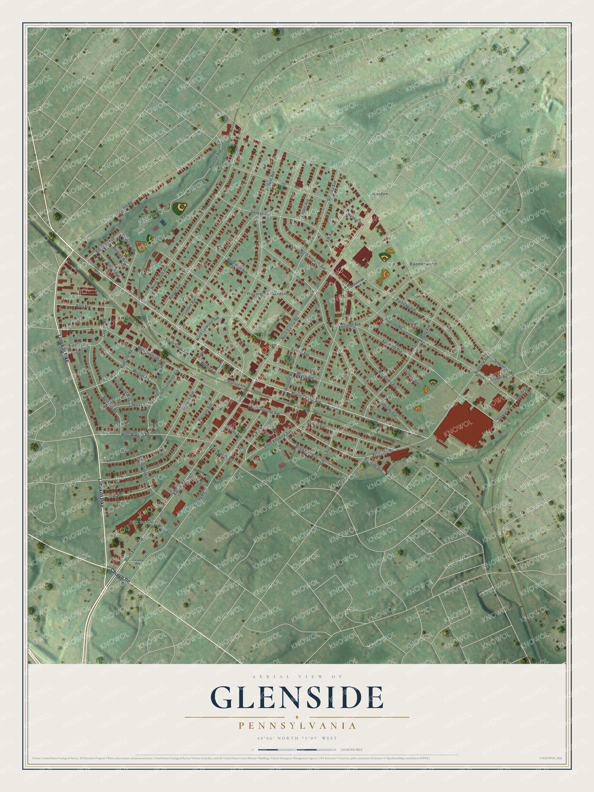 Full map of Glenside, Pennsylvania, with red buildings, printed street names and the land around them