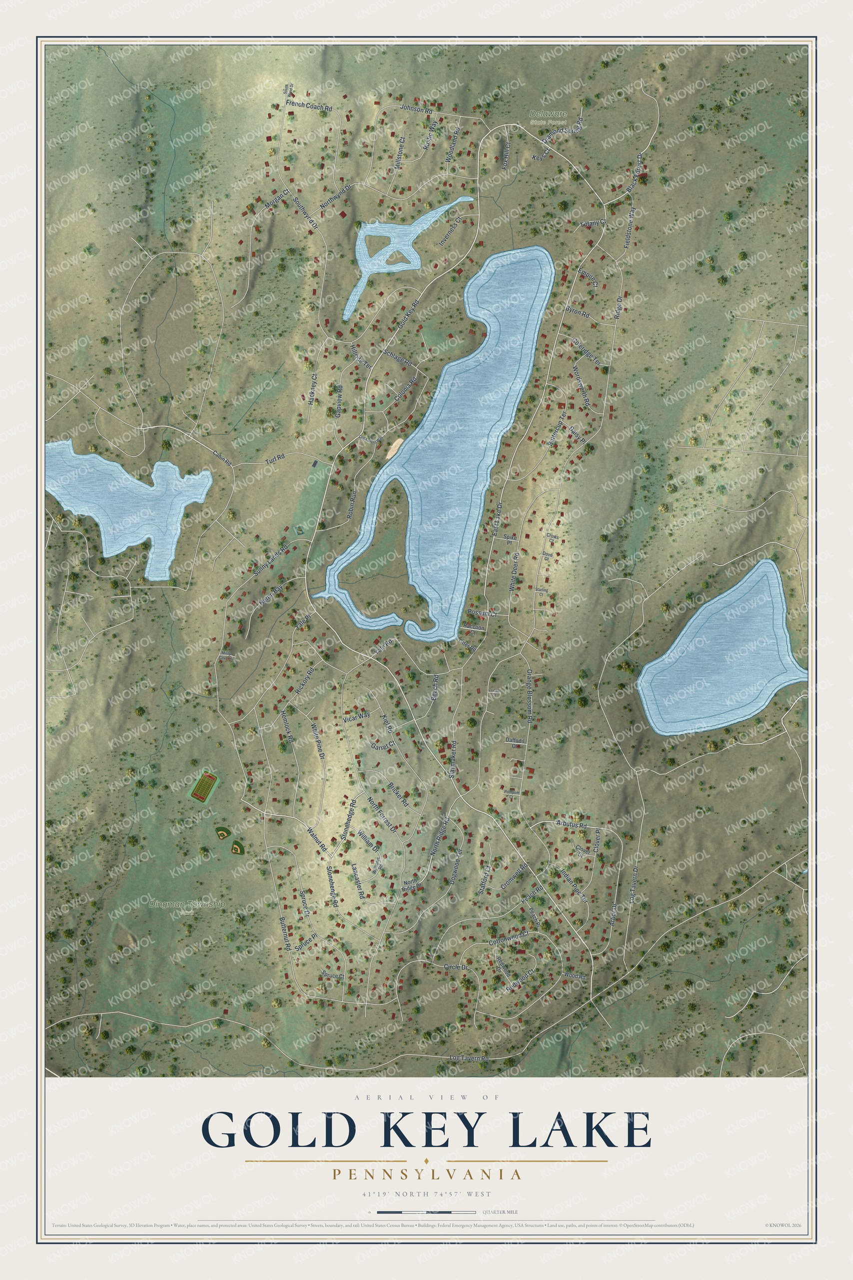 Full map of Gold Key Lake, Pennsylvania, with red buildings, printed street names and the land around them