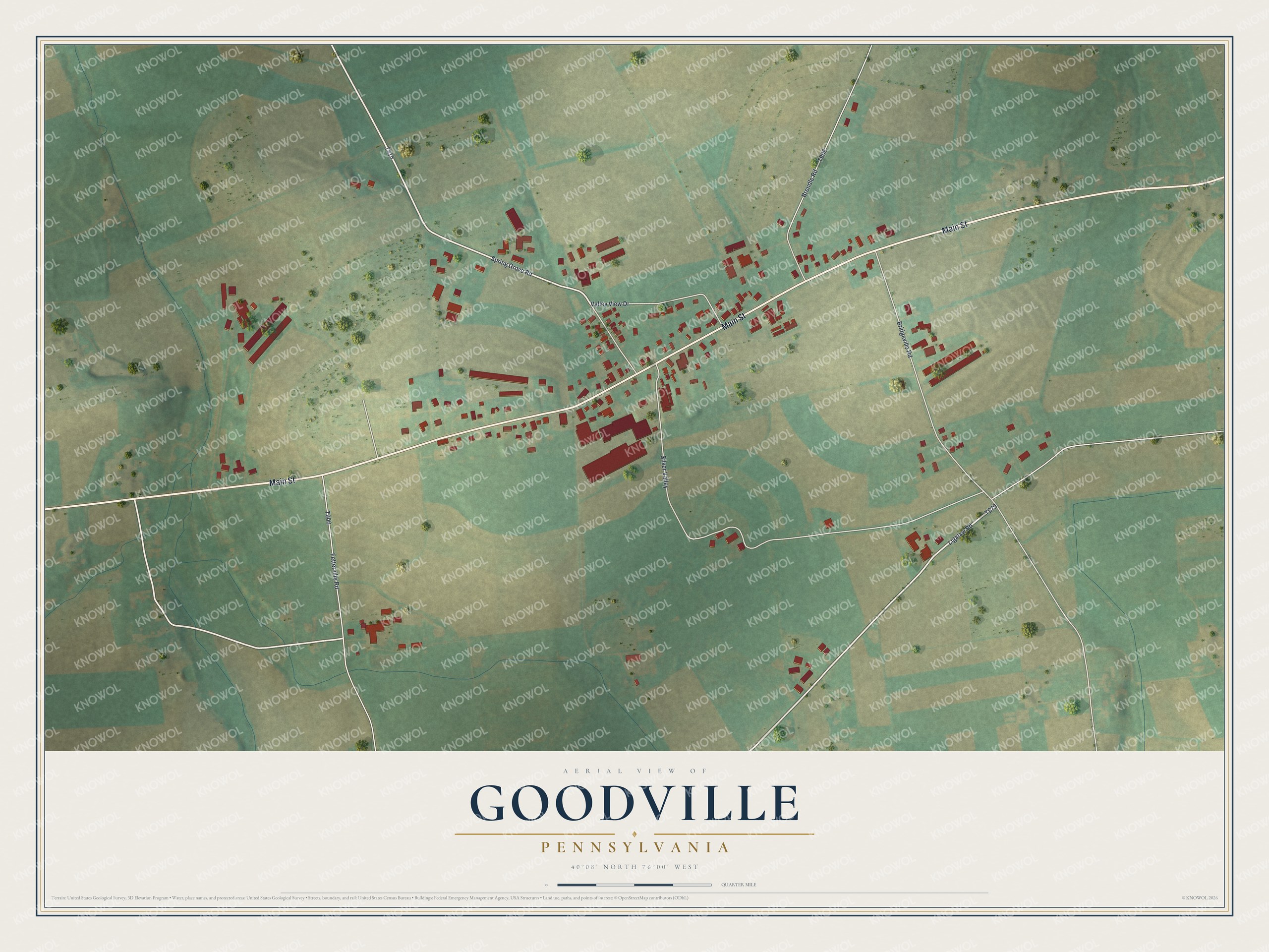 Full map of Goodville, Pennsylvania, with red buildings, printed street names and the land around them