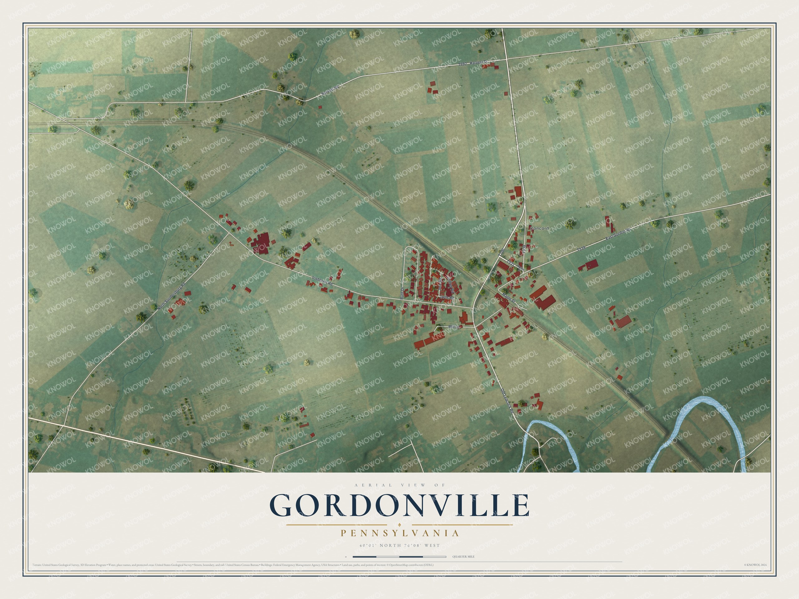 Full map of Gordonville, Pennsylvania, with red buildings, printed street names and the land around them