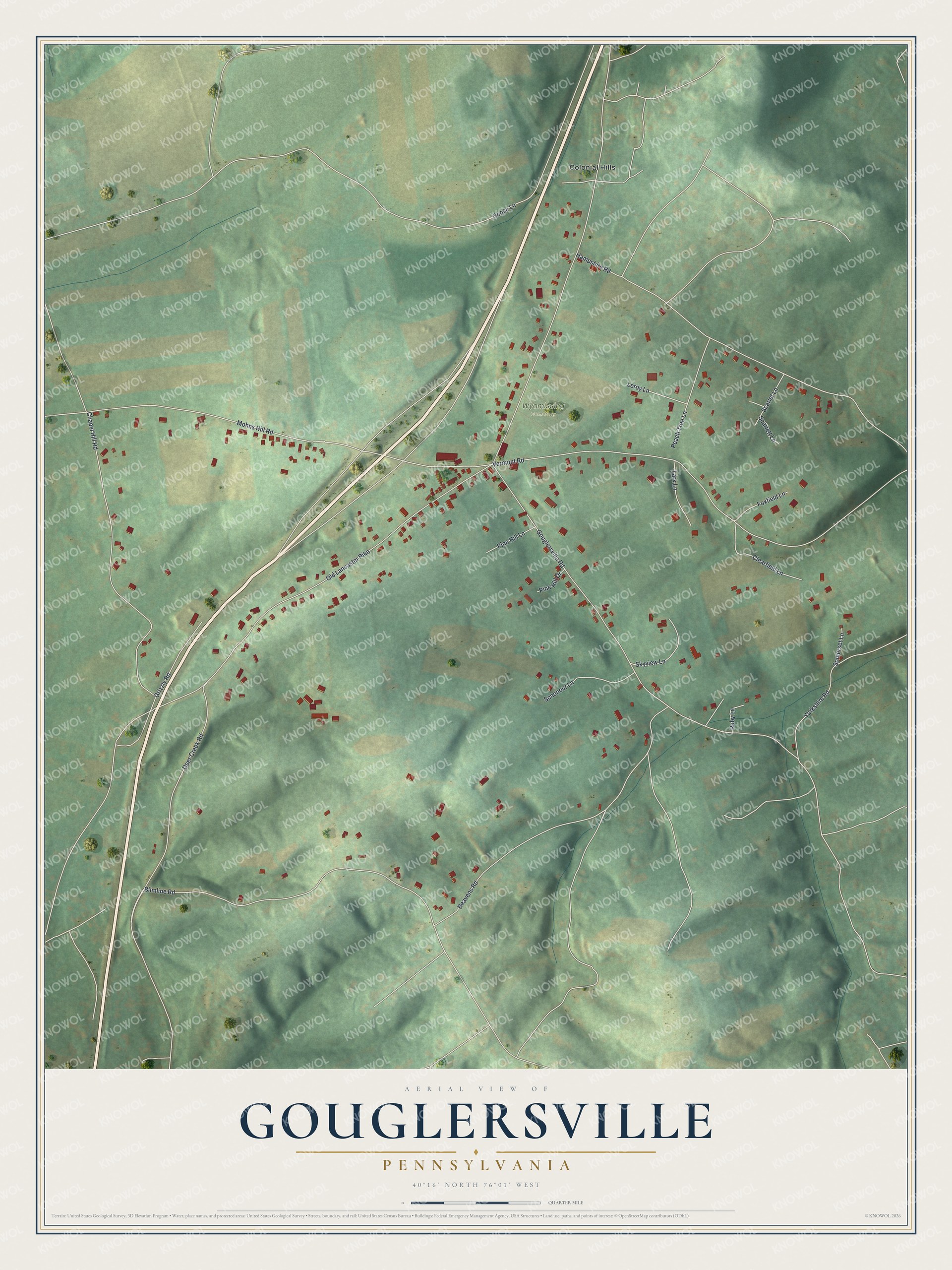 Full map of Gouglersville, Pennsylvania, with red buildings, printed street names and the land around them