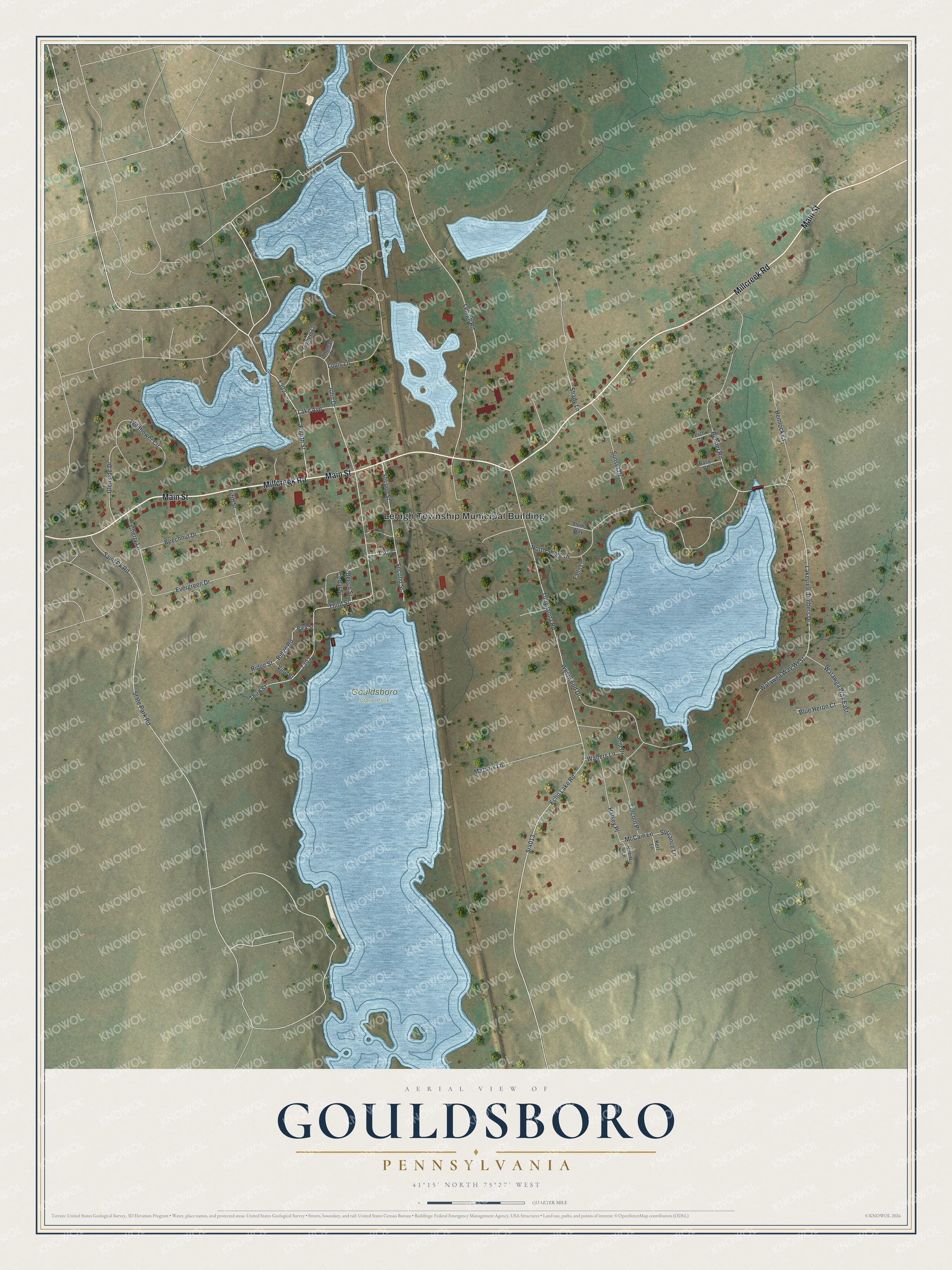 Full map of Gouldsboro, Pennsylvania, with red buildings, printed street names and the land around them