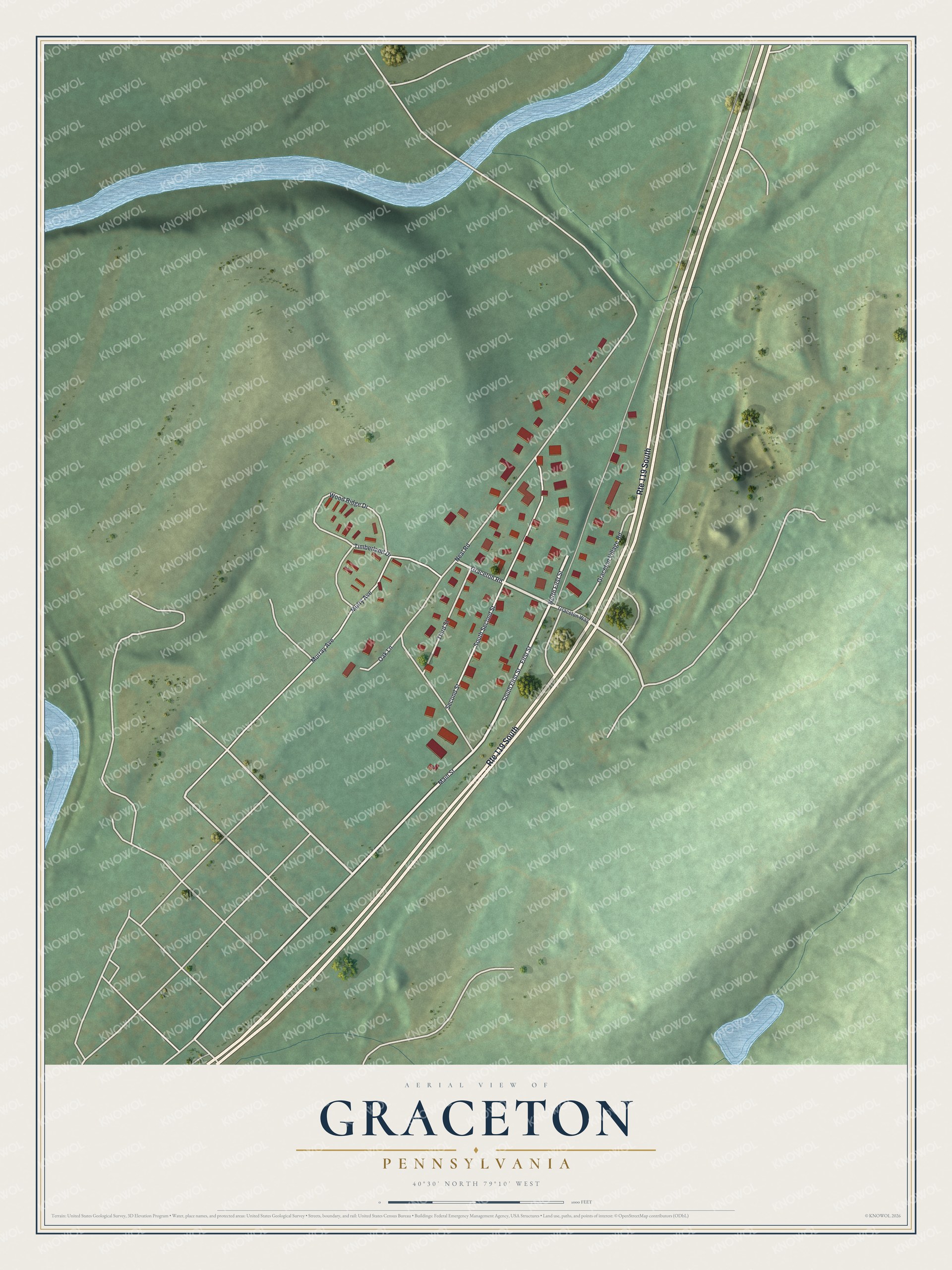 Full map of Graceton, Pennsylvania, with red buildings, printed street names and the land around them