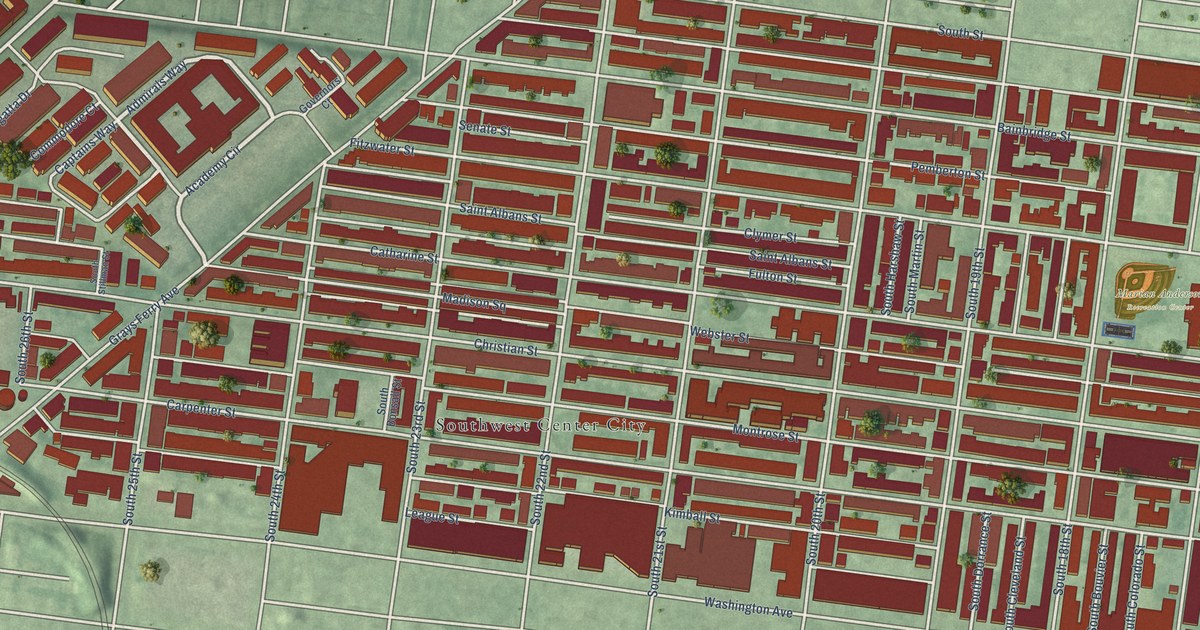 Close-up of streets and buildings in Graduate Hospital, Pennsylvania