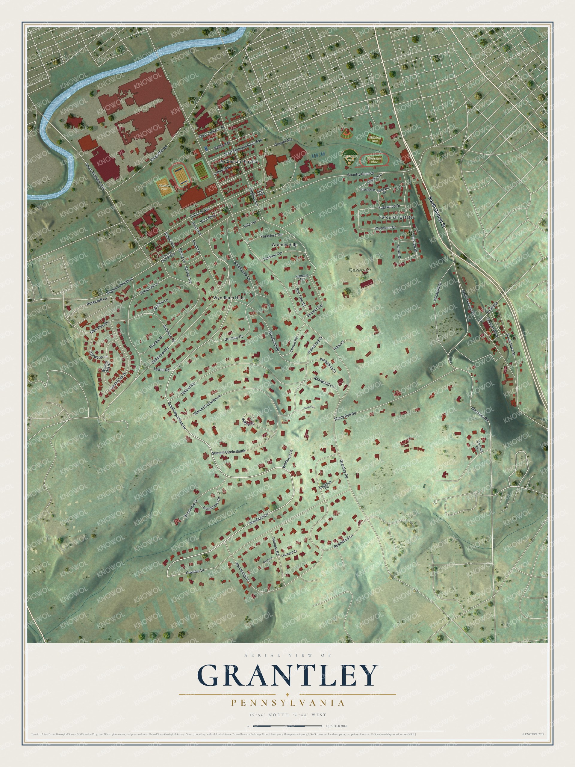 Full map of Grantley, Pennsylvania, with red buildings, printed street names and the land around them