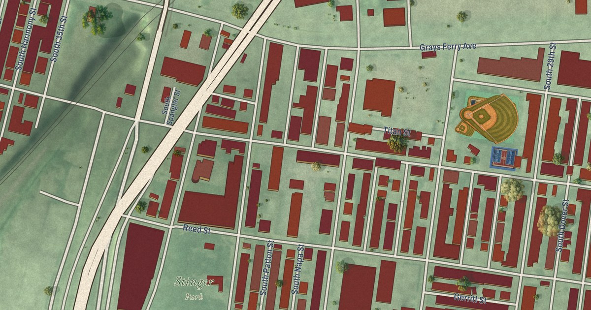 Close-up of streets and buildings in Grays Ferry, Pennsylvania