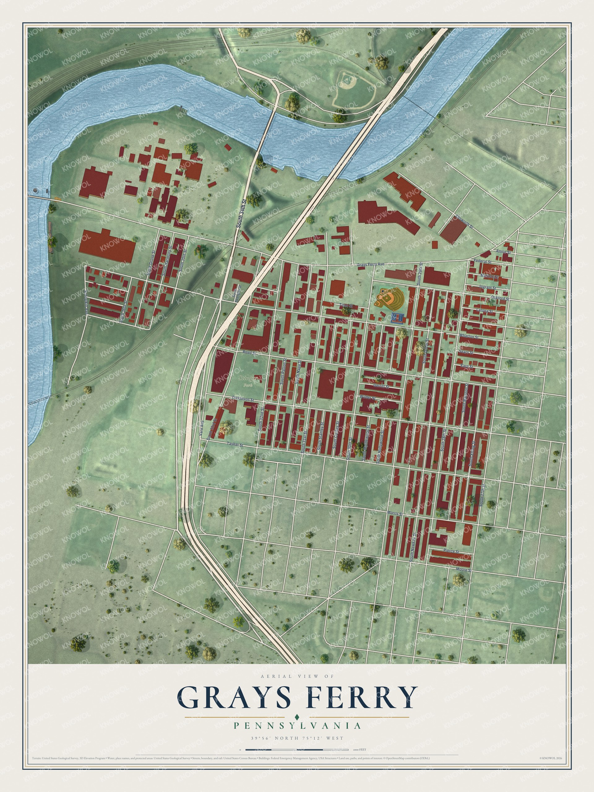 Full map of Grays Ferry, Pennsylvania, with red buildings, printed street names and the land around them