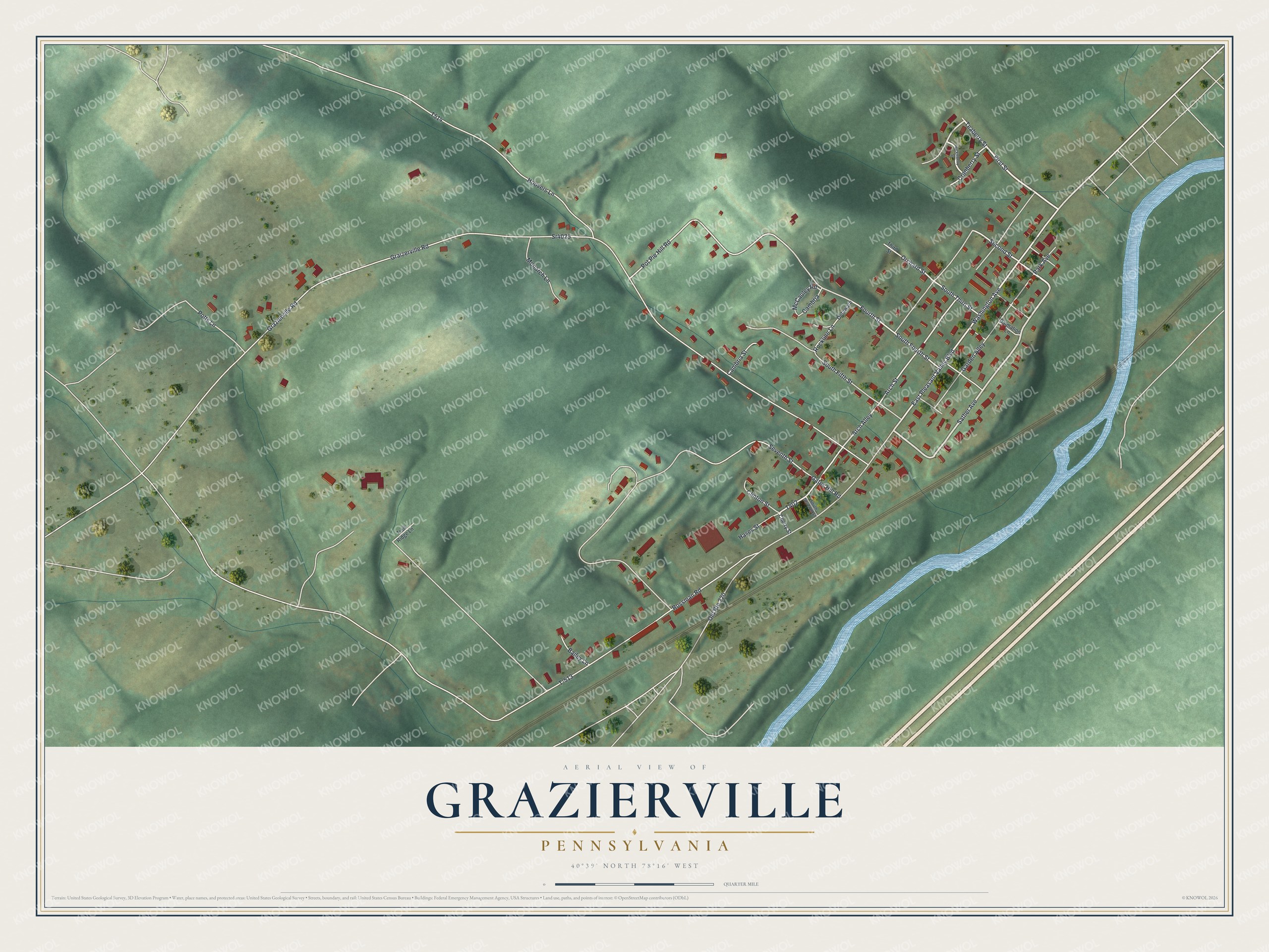 Full map of Grazierville, Pennsylvania, with red buildings, printed street names and the land around them