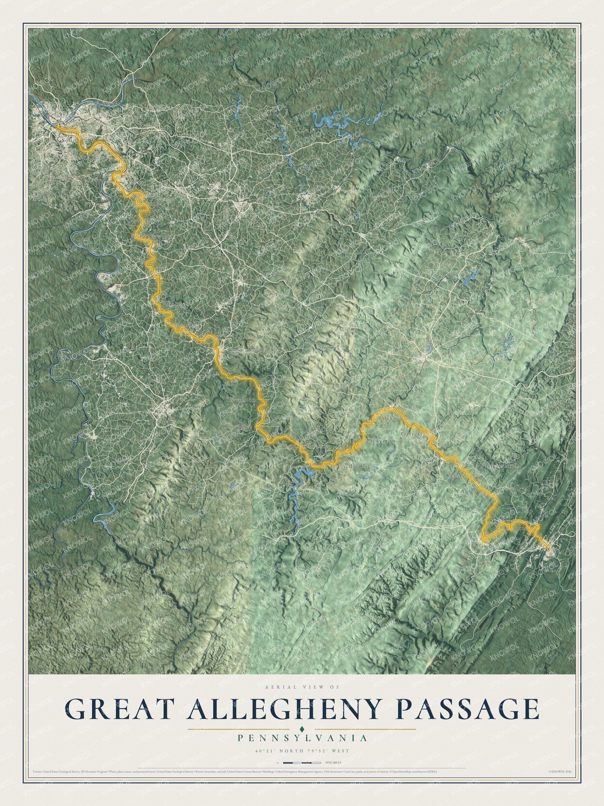 Full map of the Great Allegheny Passage, with the trail as a raised golden road through the shaded hills and river valleys