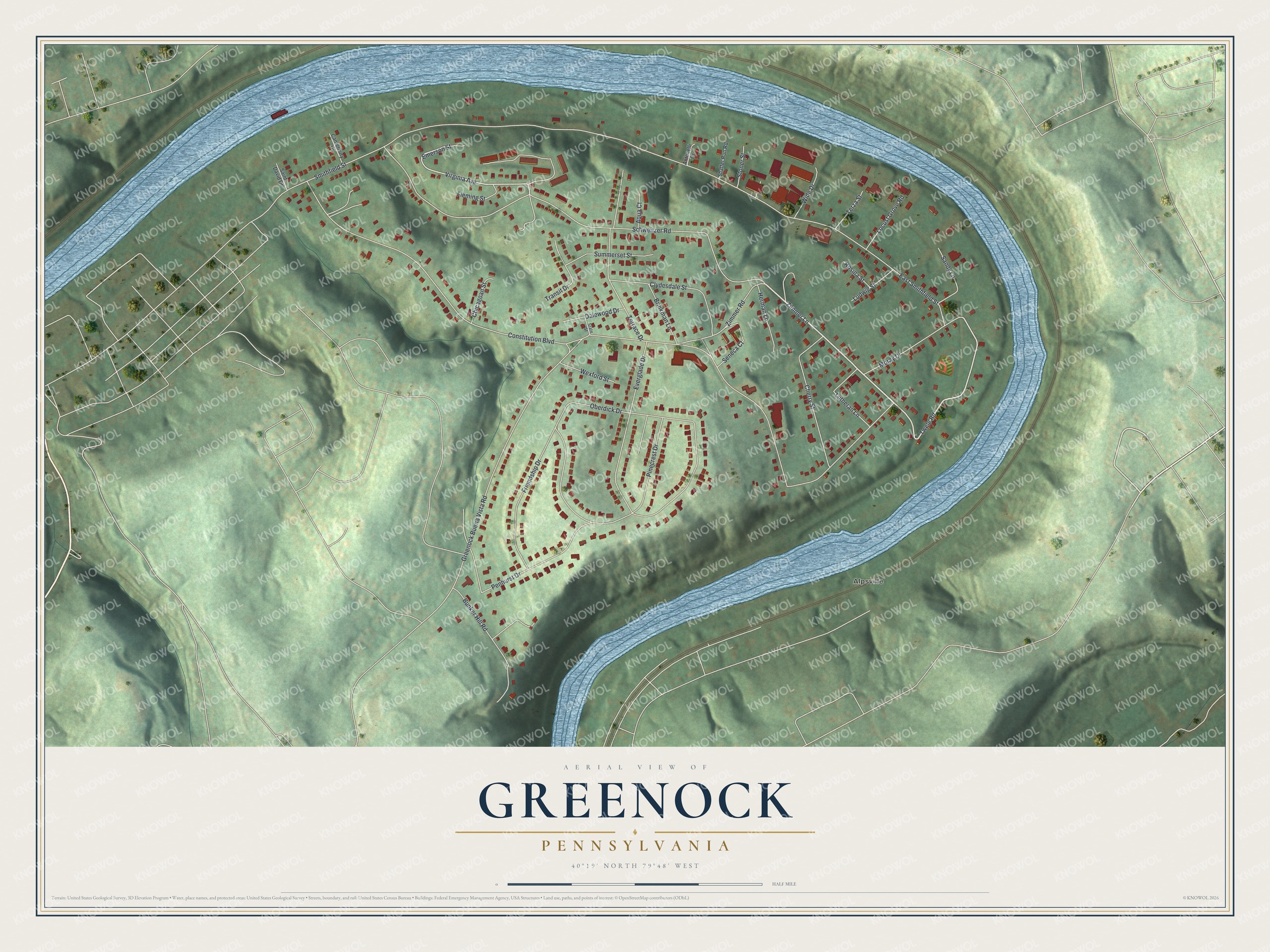 Full map of Greenock, Pennsylvania, with red buildings, printed street names and the land around them