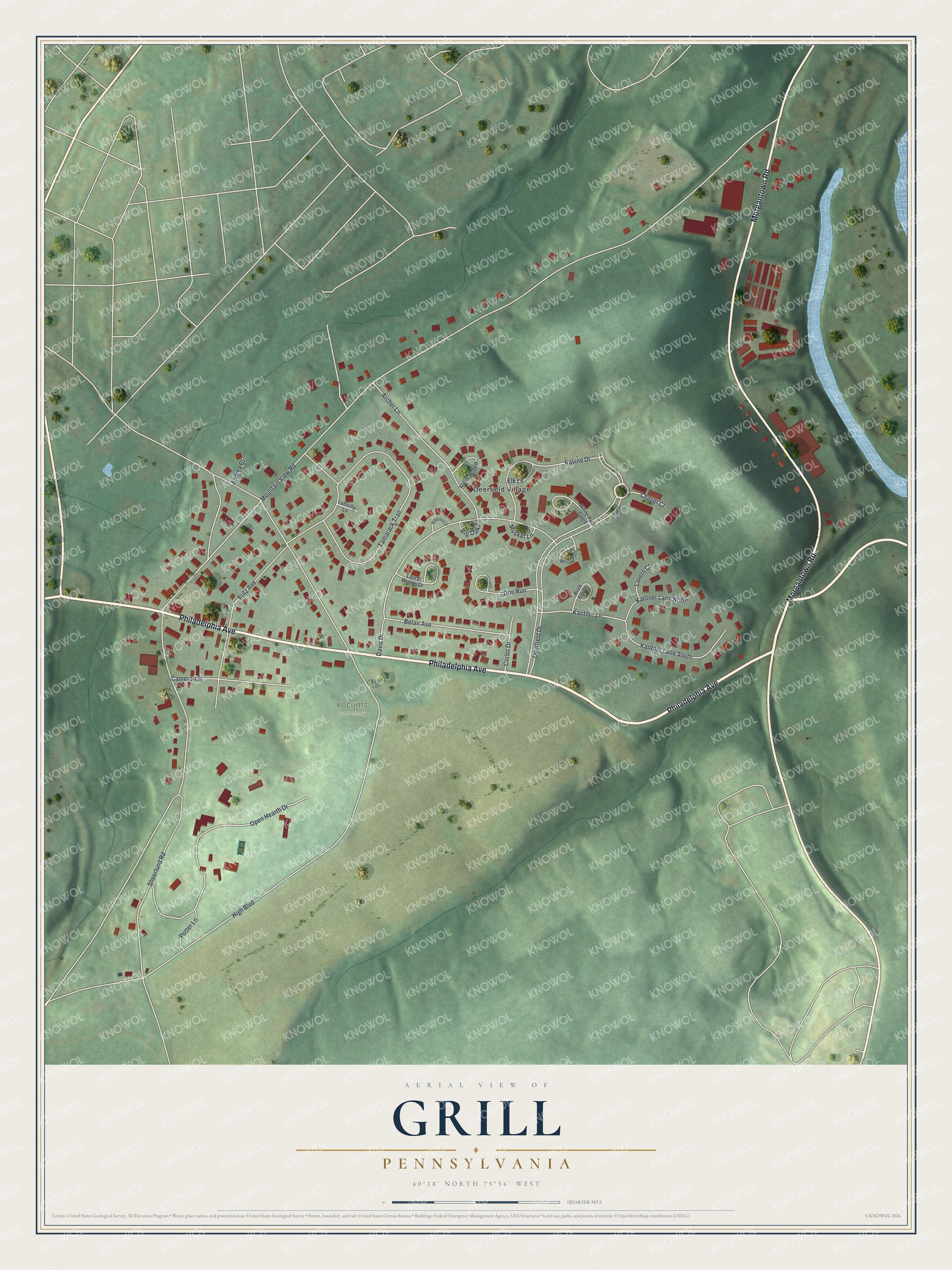 Full map of Grill, Pennsylvania, with red buildings, printed street names and the land around them