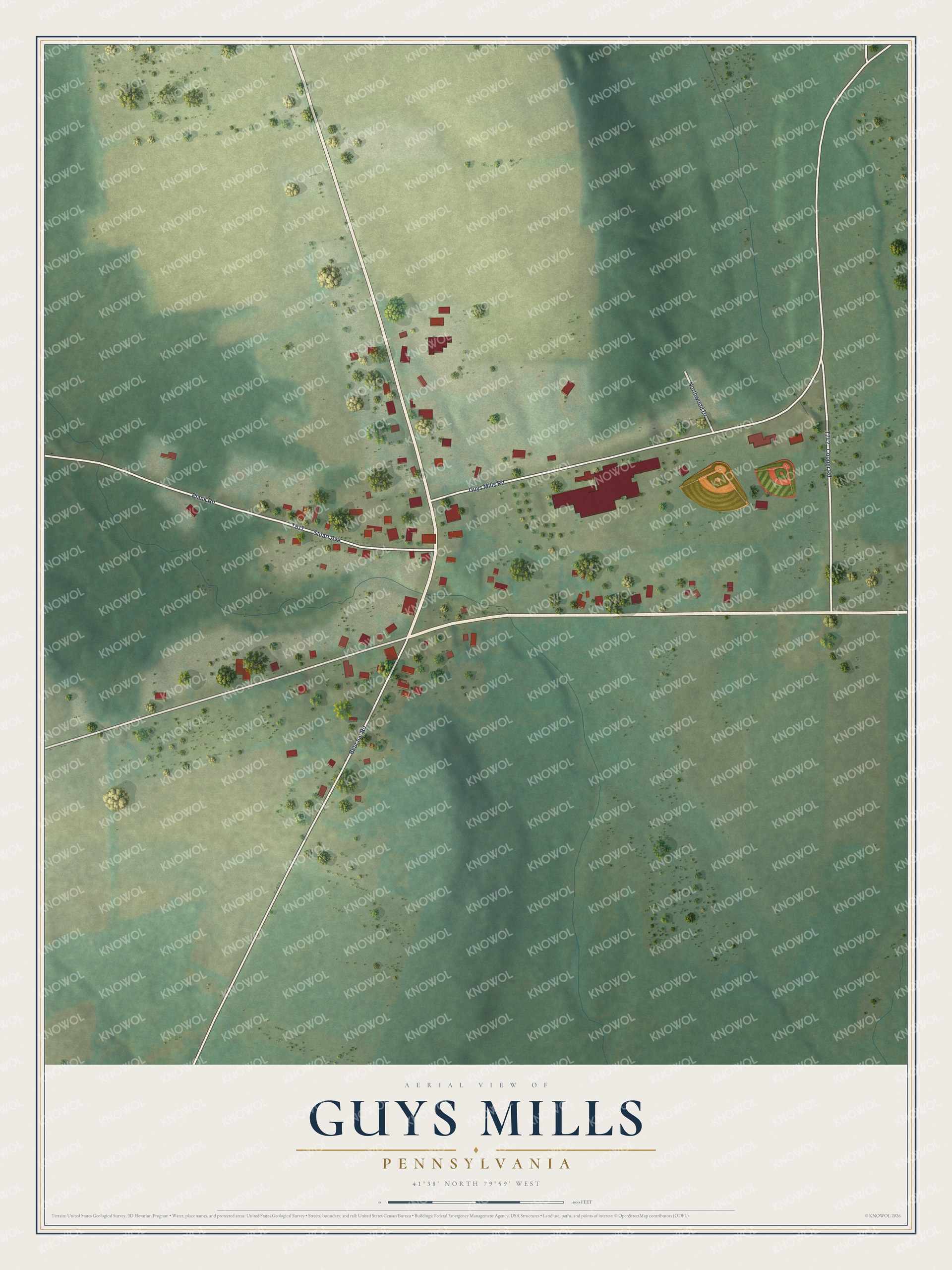 Full map of Guys Mills, Pennsylvania, with red buildings, printed street names and the land around them