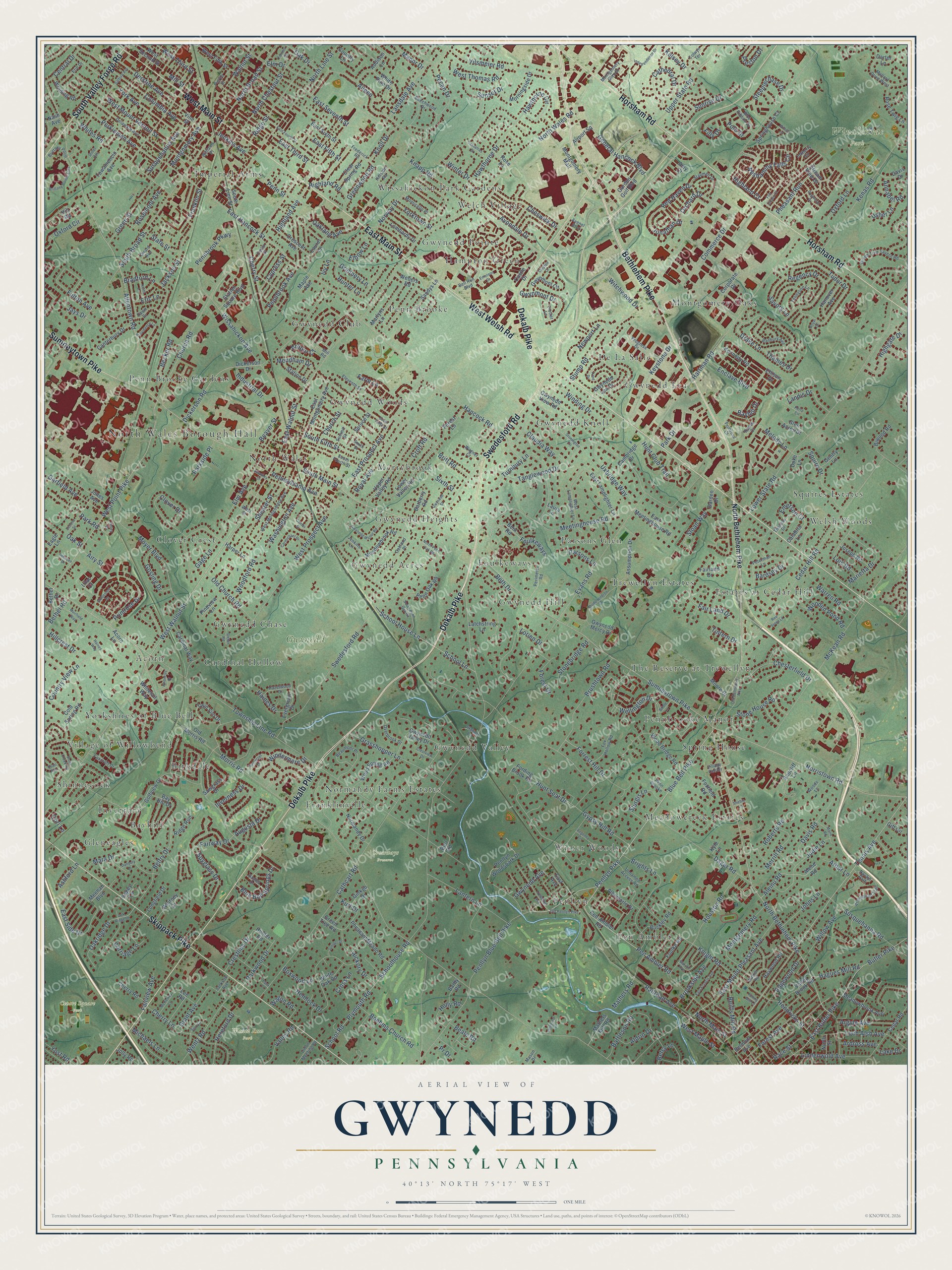 Full map of Gwynedd, Pennsylvania, with red buildings, printed street names and the land around them