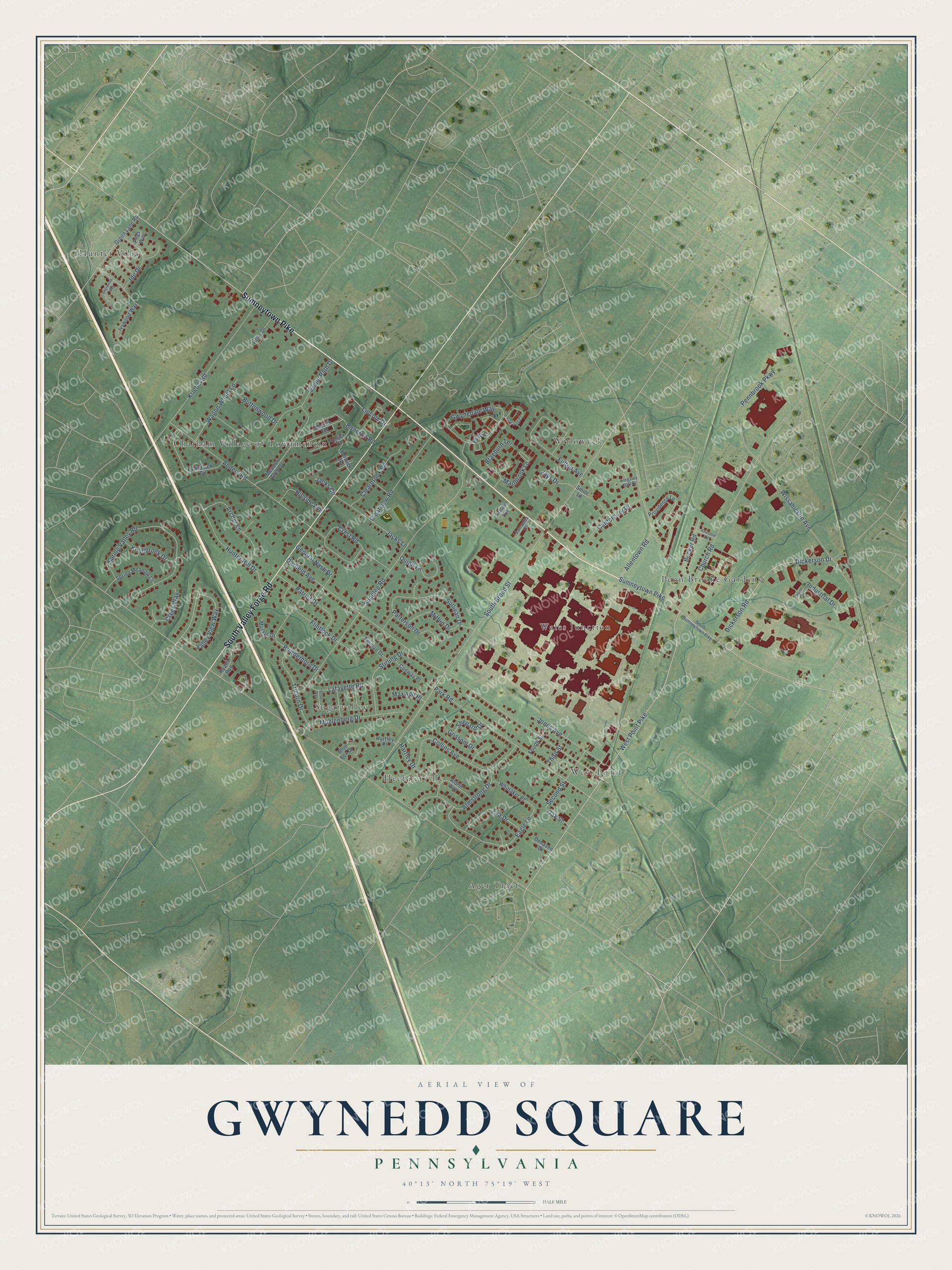 Full map of Gwynedd Square, Pennsylvania, with red buildings, printed street names and the land around them