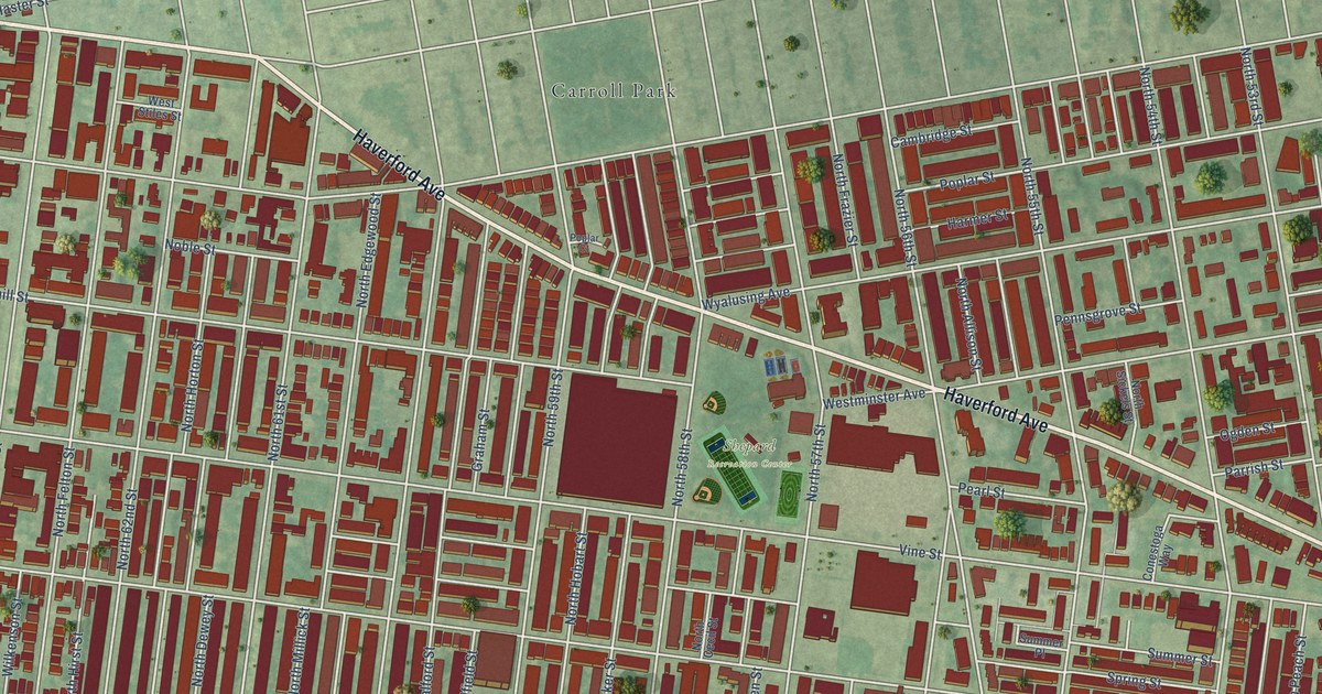 Close-up of streets and buildings in Haddington, Pennsylvania