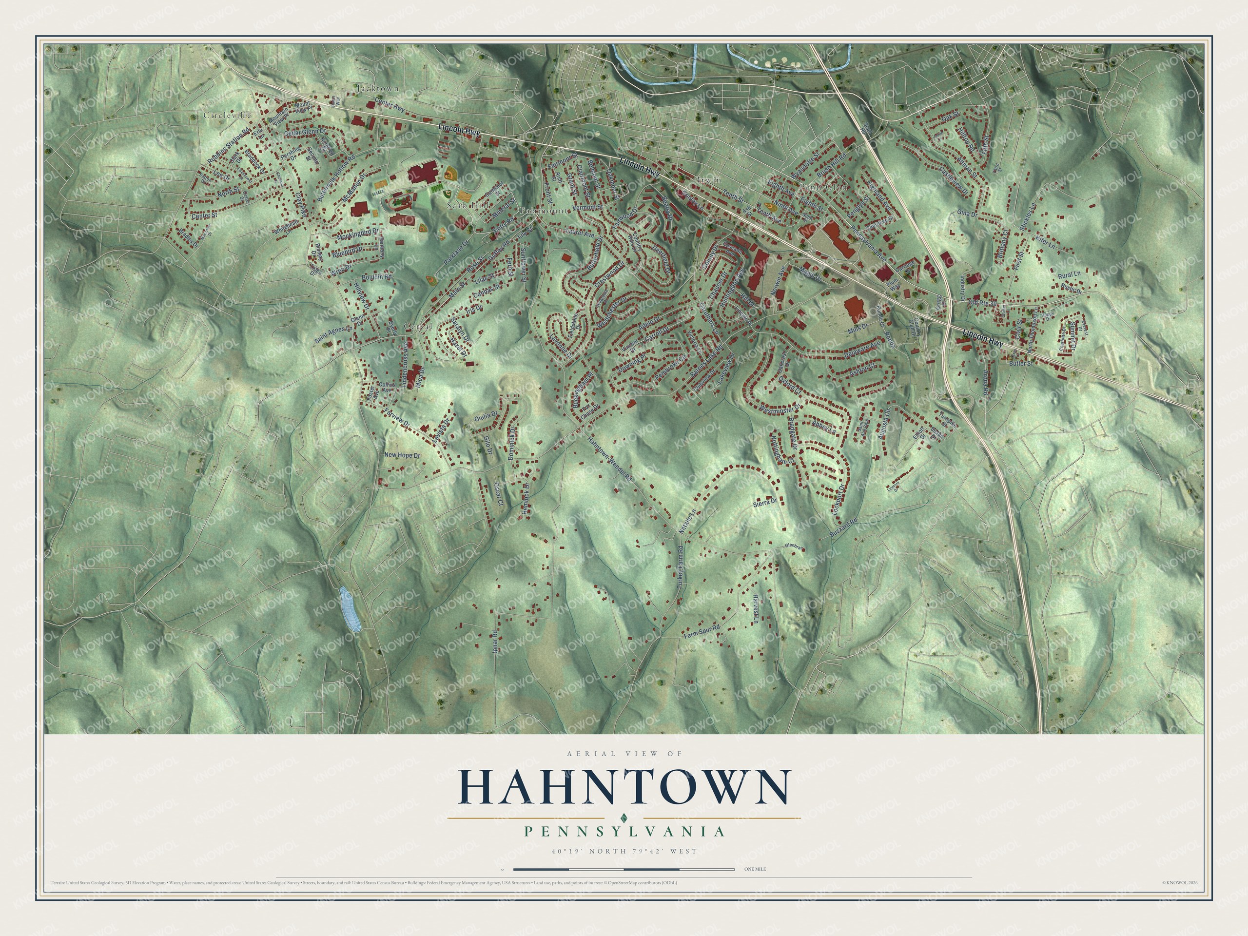 Full map of Hahntown, Pennsylvania, with red buildings, printed street names and the land around them