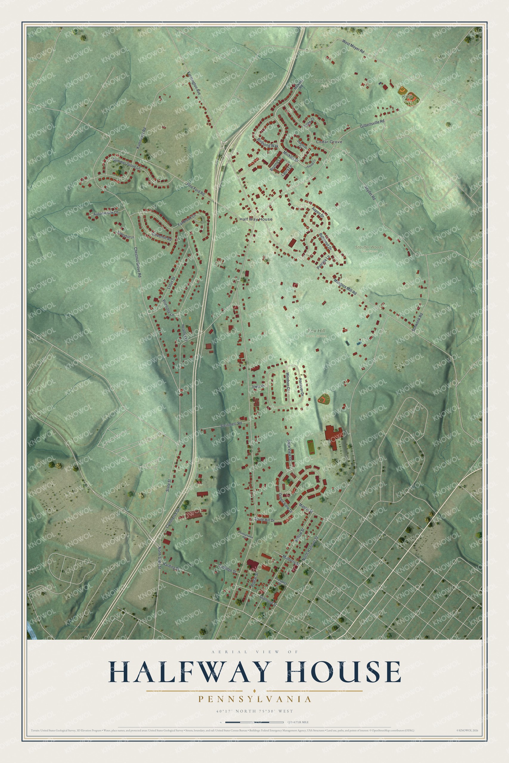 Full map of Halfway House, Pennsylvania, with red buildings, printed street names and the land around them