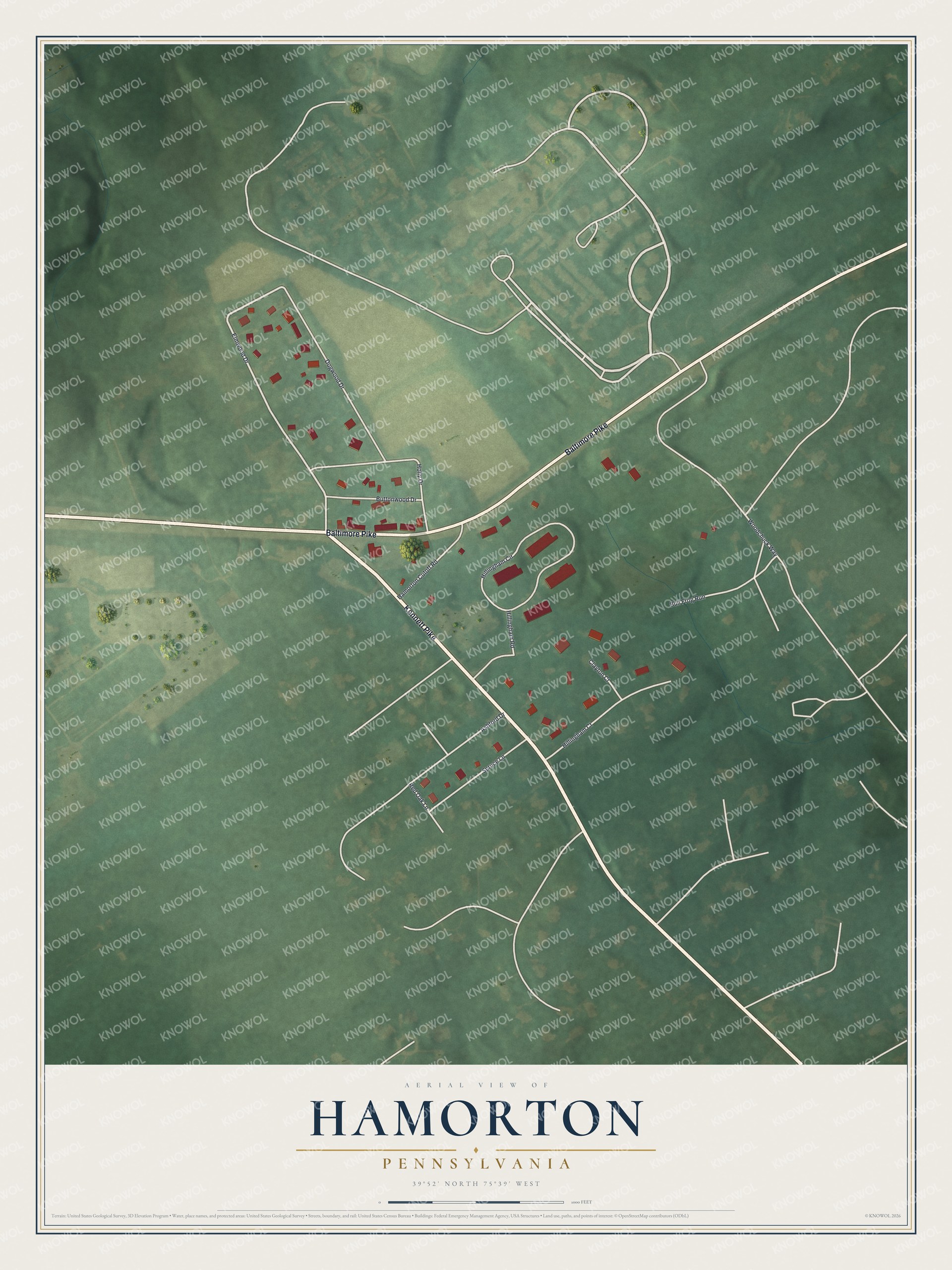 Full map of Hamorton, Pennsylvania, with red buildings, printed street names and the land around them