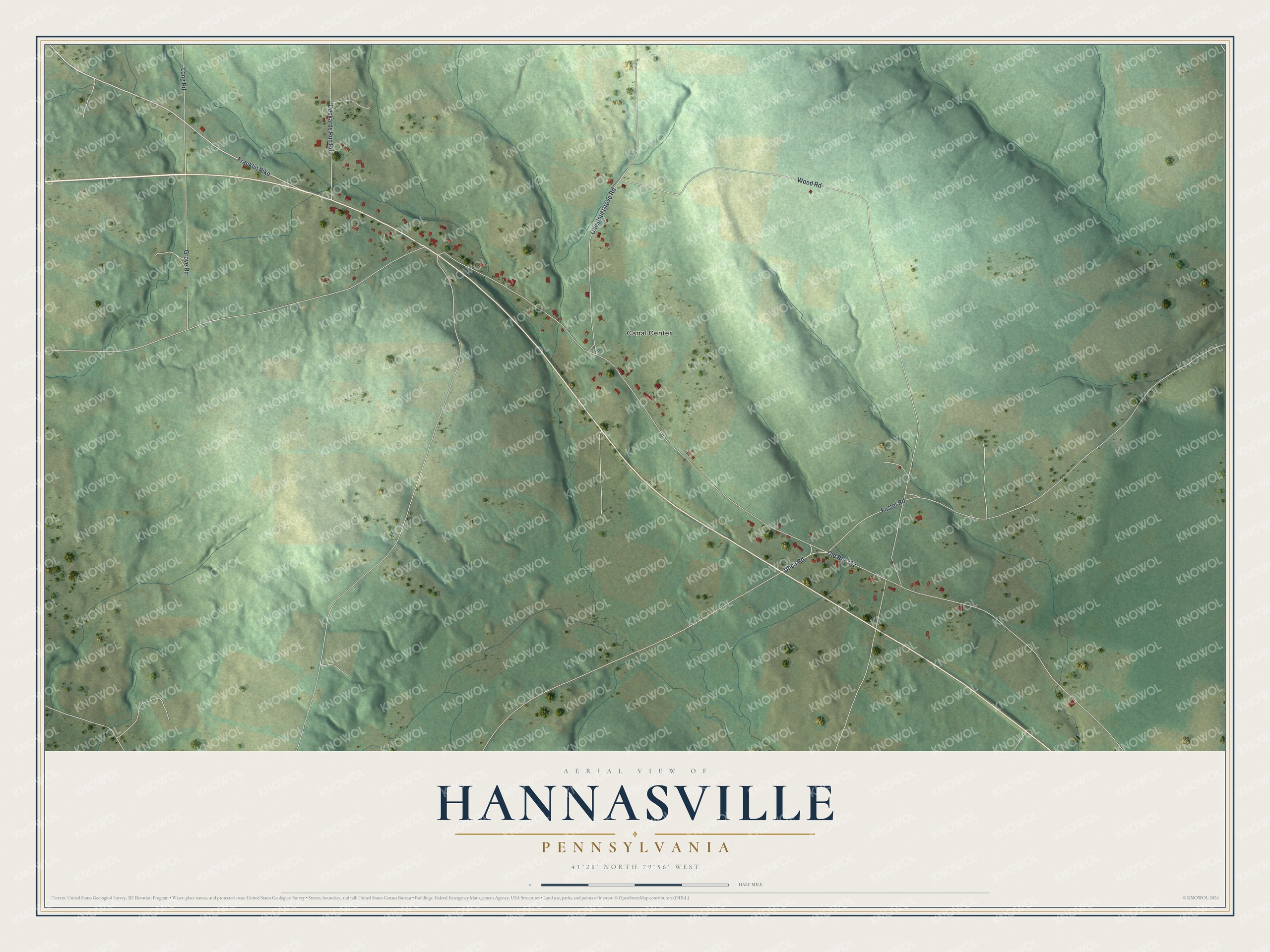 Full map of Hannasville, Pennsylvania, with red buildings, printed street names and the land around them