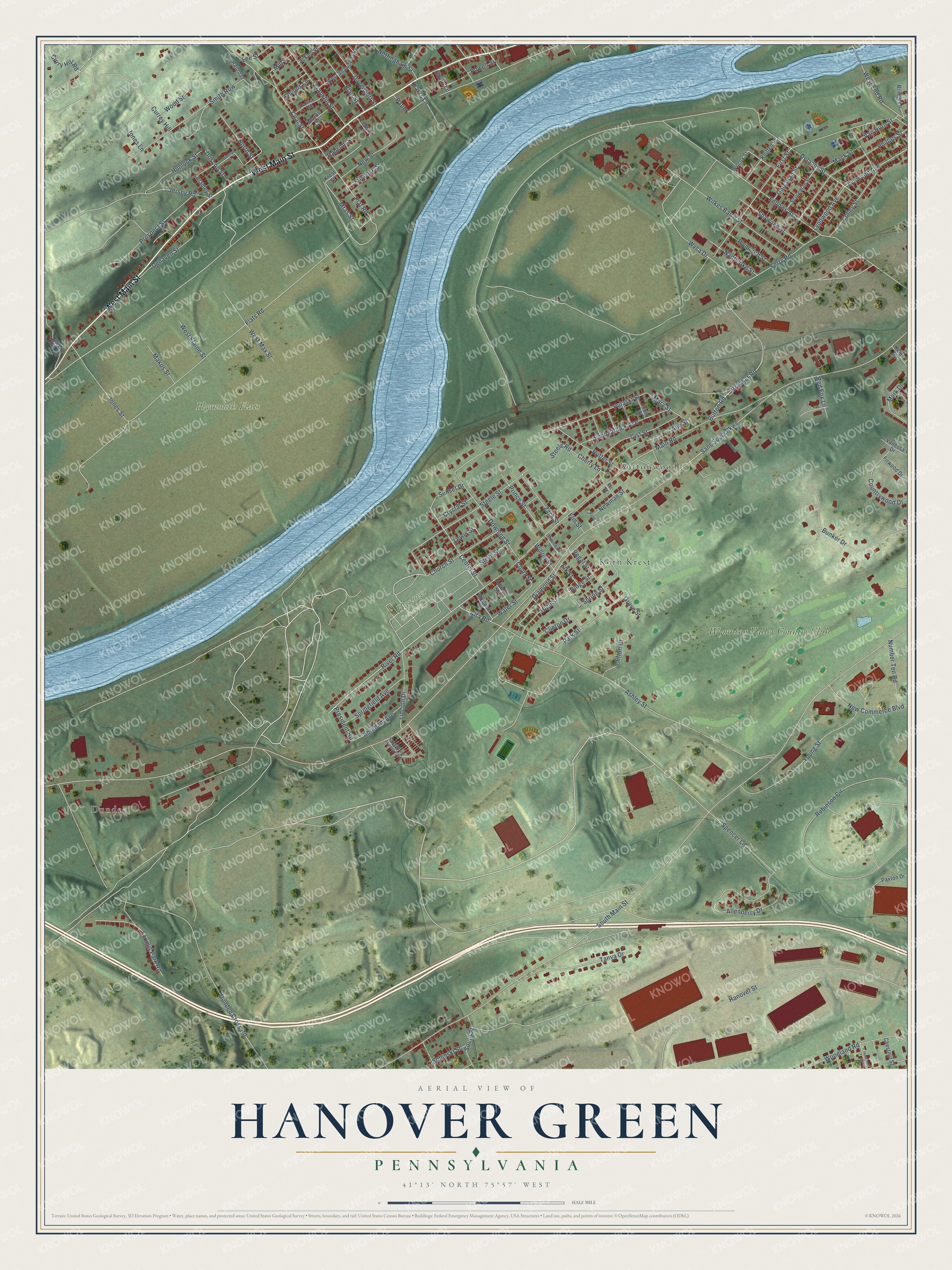 Full map of Hanover Green, Pennsylvania, with red buildings, printed street names and the land around them