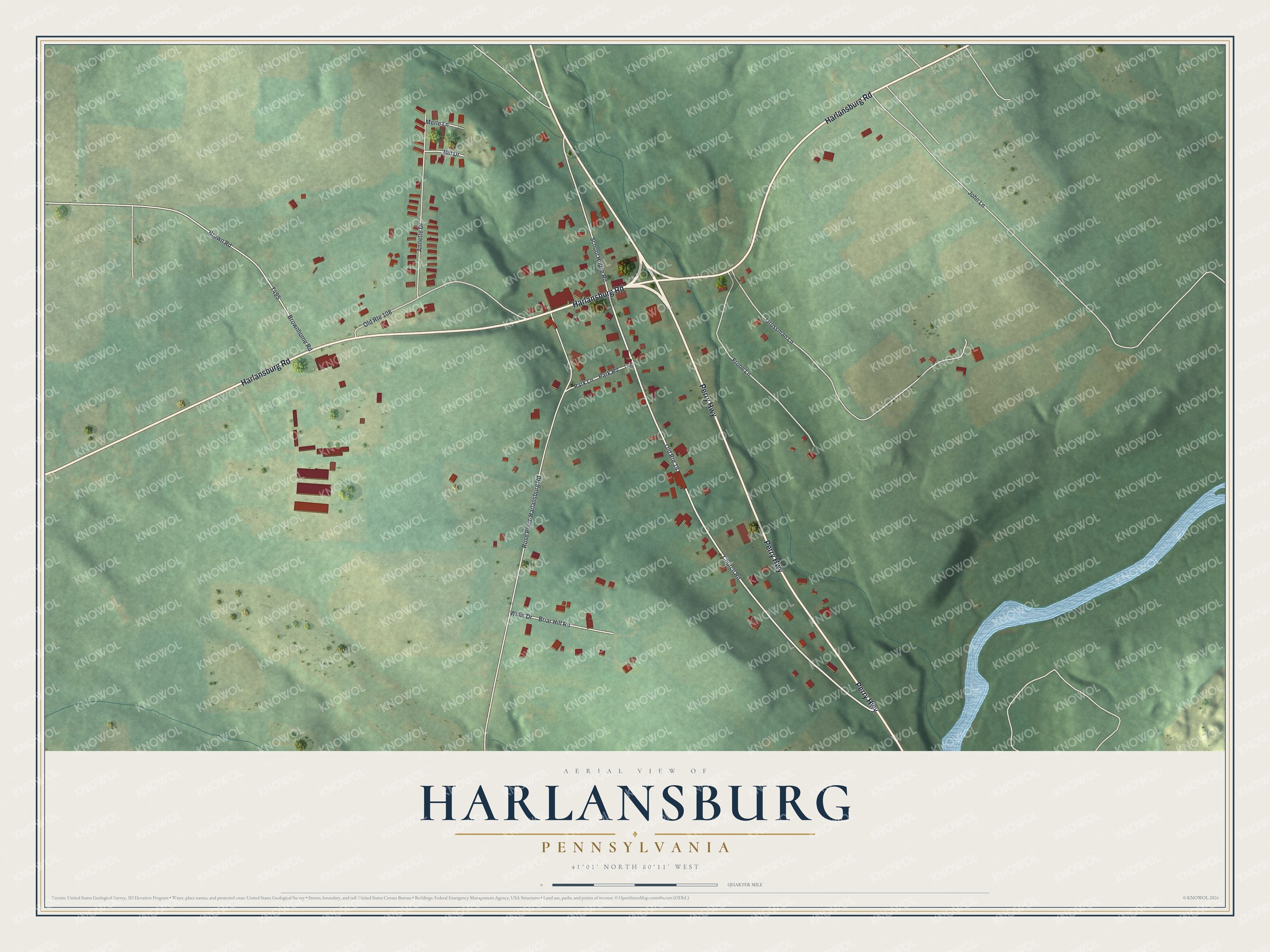 Full map of Harlansburg, Pennsylvania, with red buildings, printed street names and the land around them