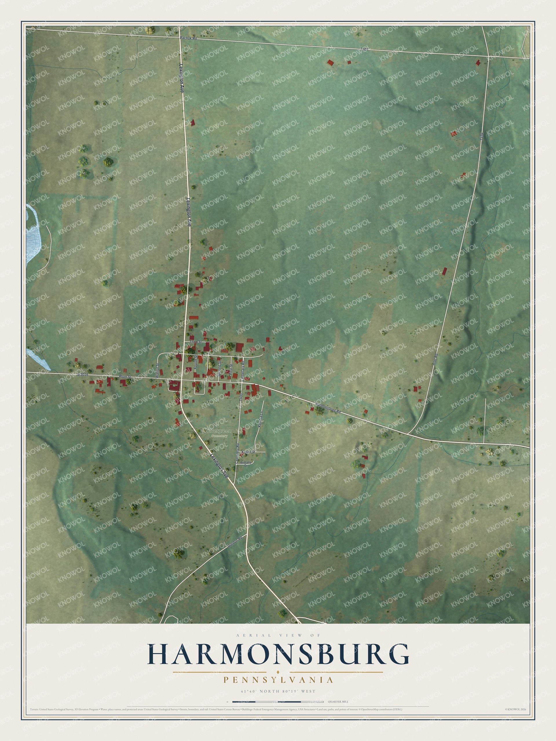 Full map of Harmonsburg, Pennsylvania, with red buildings, printed street names and the land around them