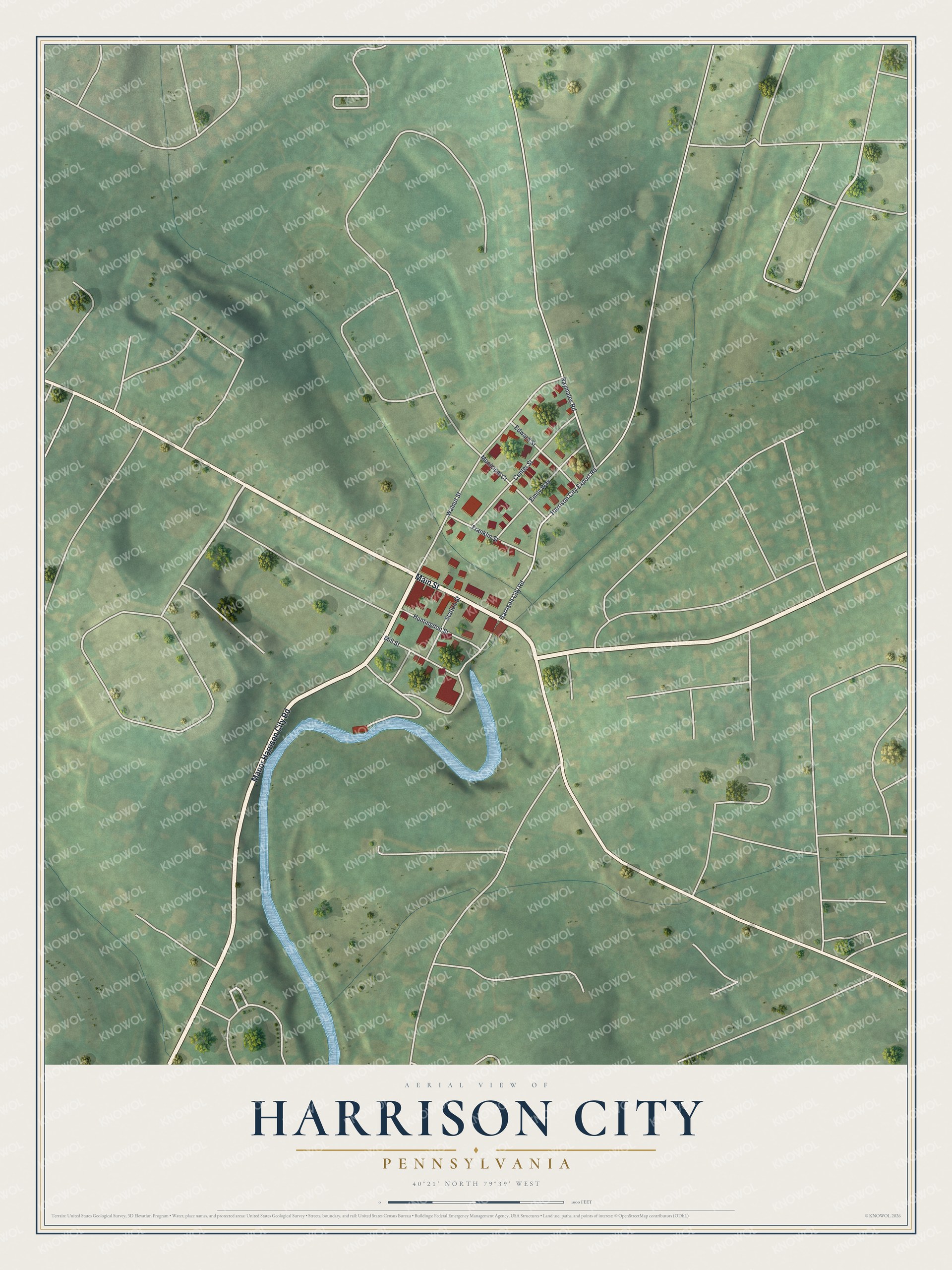 Full map of Harrison City, Pennsylvania, with red buildings, printed street names and the land around them