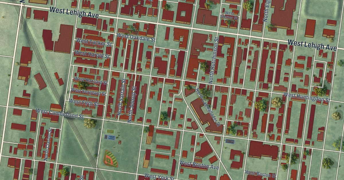 Close-up of streets and buildings in Hartranft, Pennsylvania