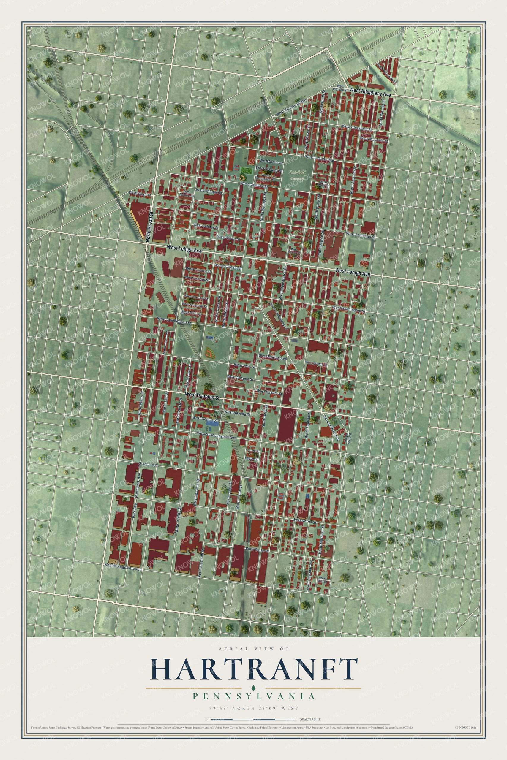 Full map of Hartranft, Pennsylvania, with red buildings, printed street names and the land around them
