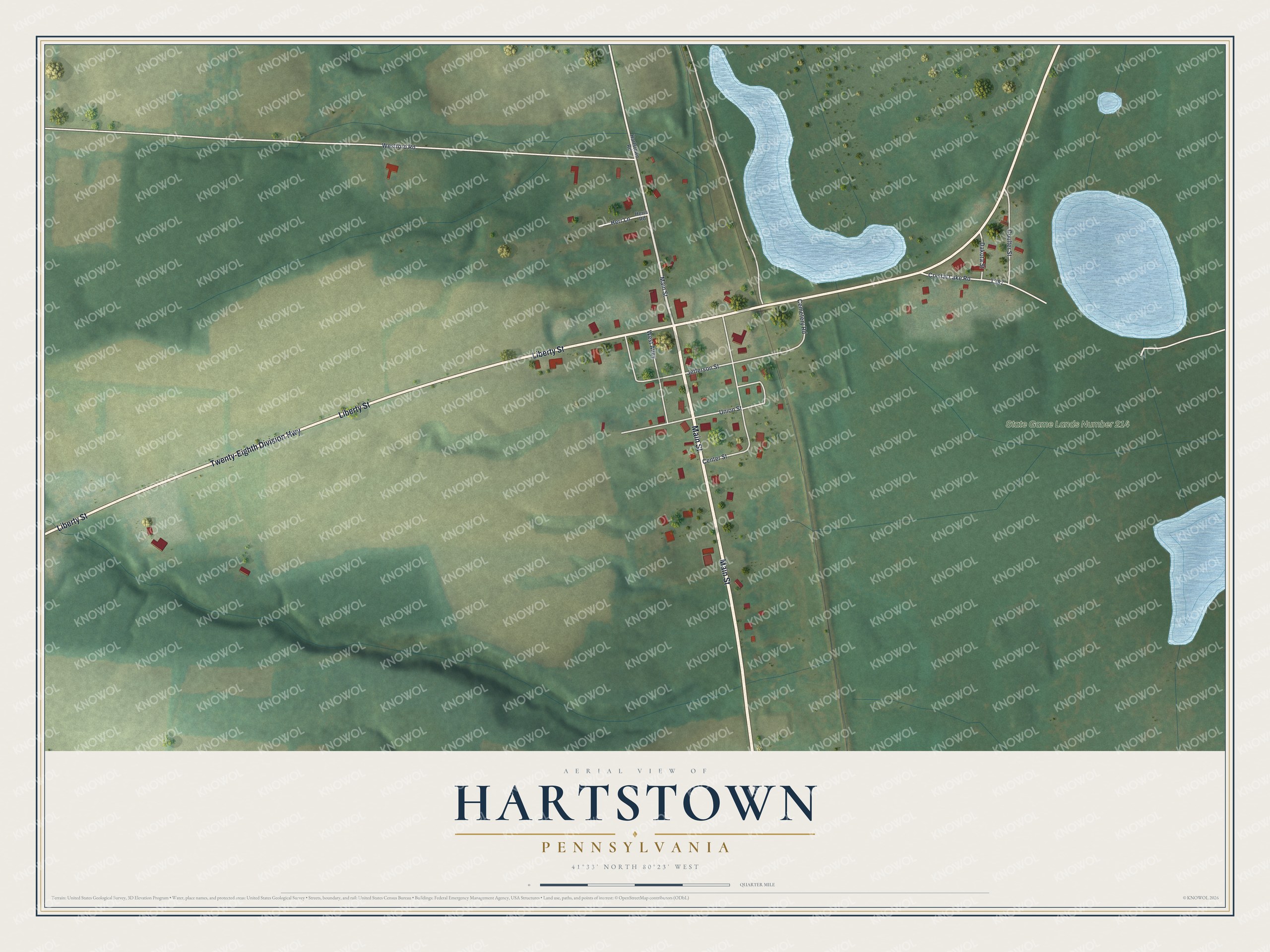 Full map of Hartstown, Pennsylvania, with red buildings, printed street names and the land around them