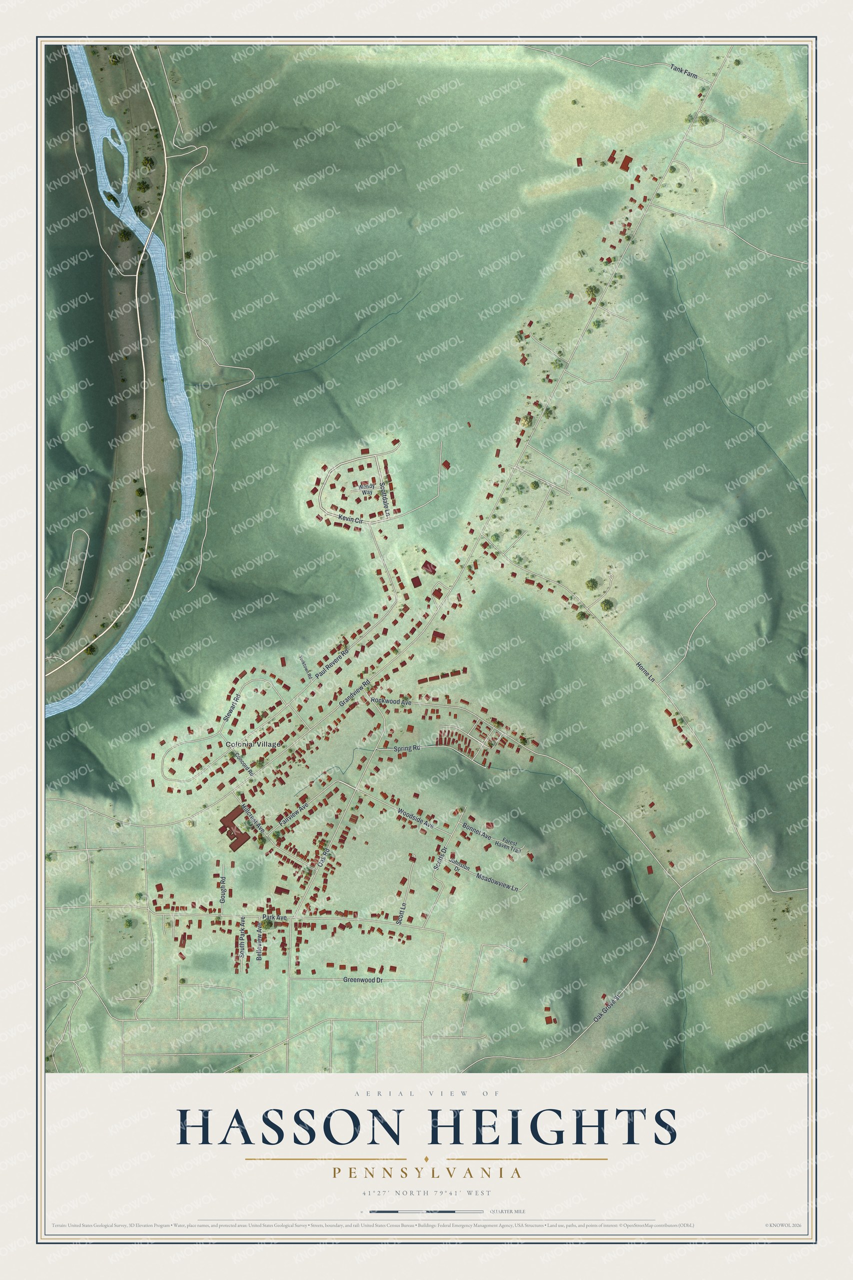 Full map of Hasson Heights, Pennsylvania, with red buildings, printed street names and the land around them