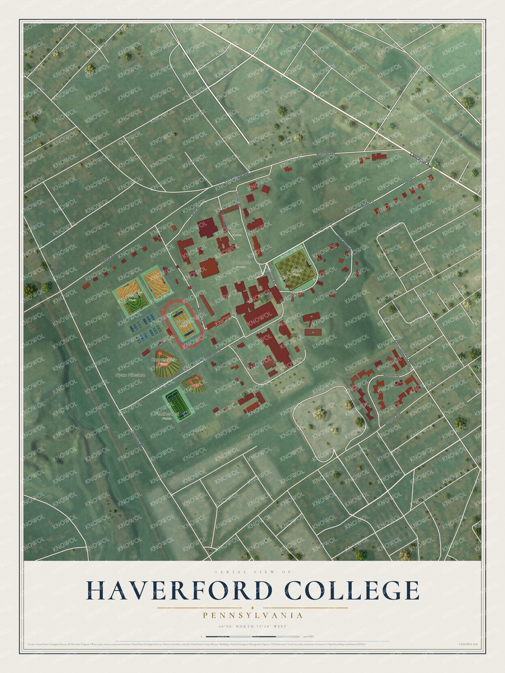 Full map of Haverford College, Pennsylvania, with red buildings, printed street names and the land around them