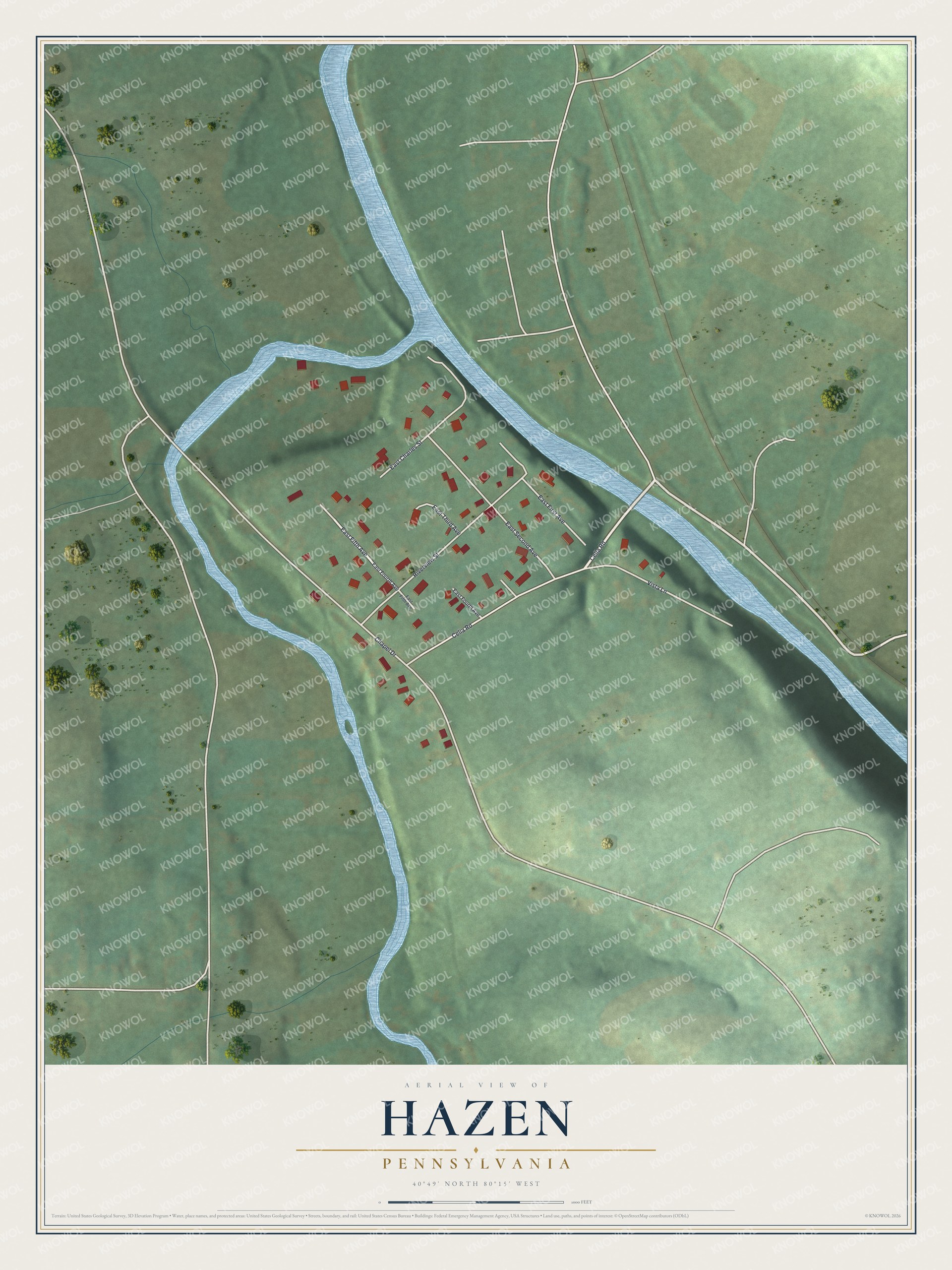 Full map of Hazen, Pennsylvania, with red buildings, printed street names and the land around them