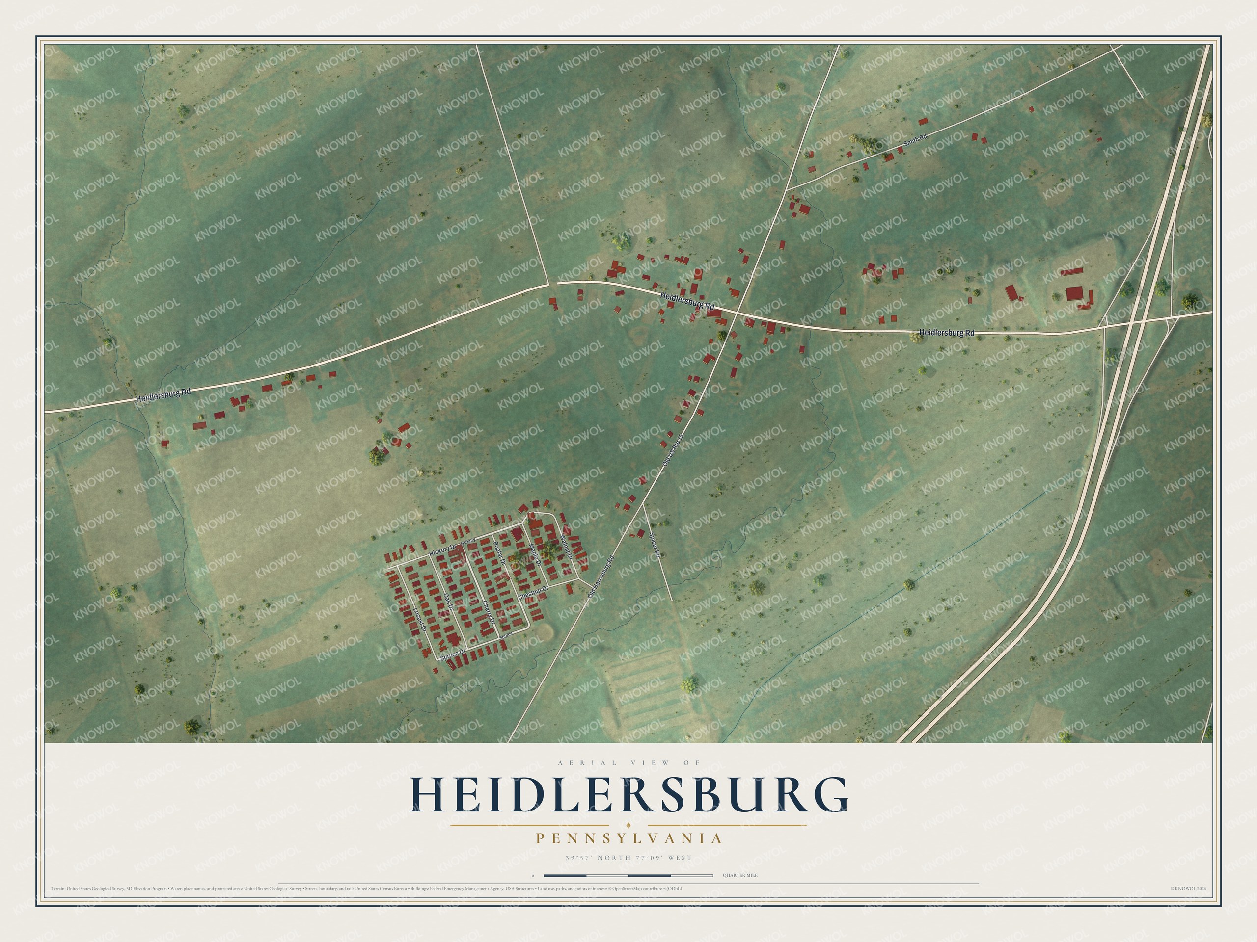 Full map of Heidlersburg, Pennsylvania, with red buildings, printed street names and the land around them