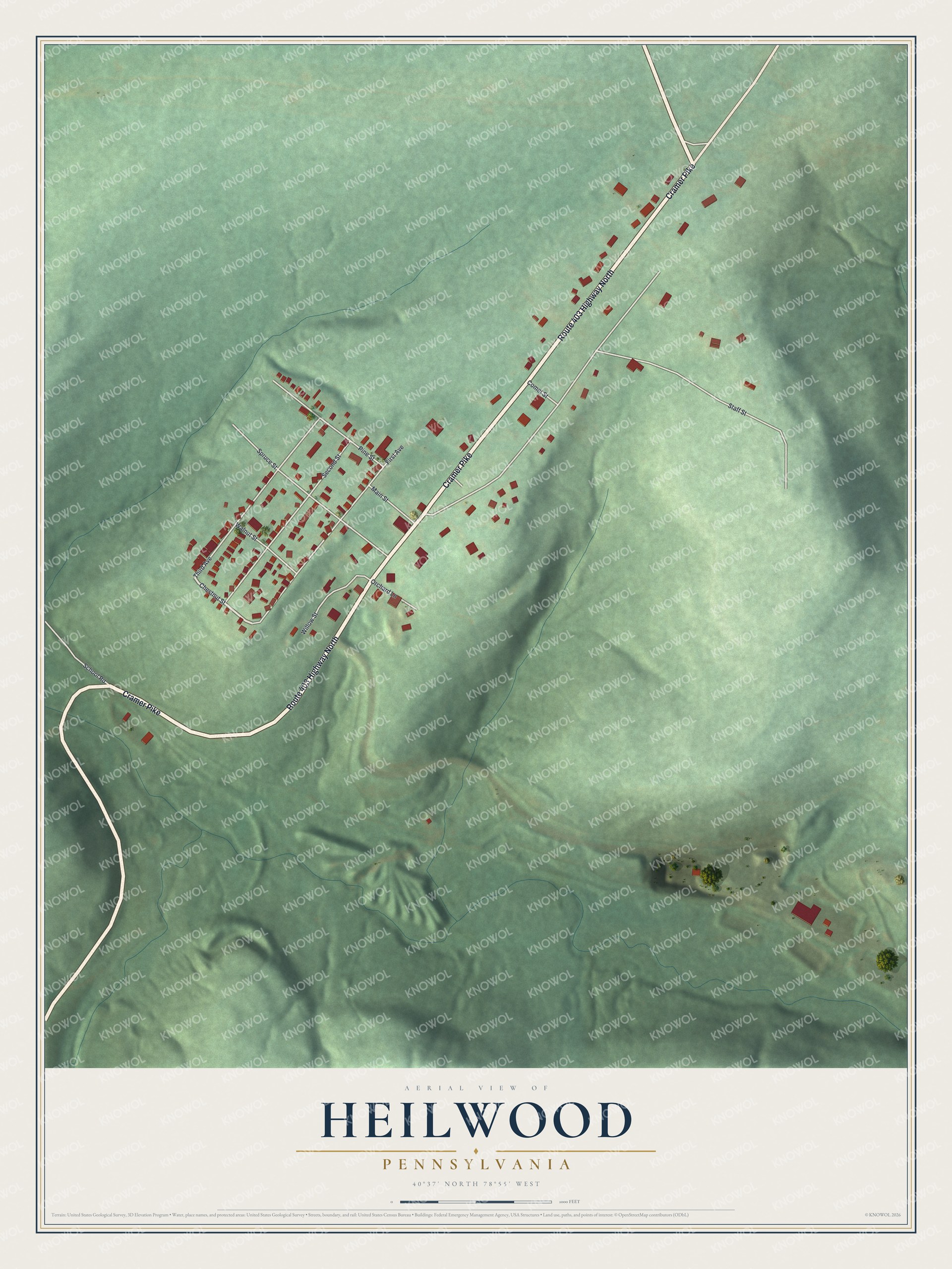 Full map of Heilwood, Pennsylvania, with red buildings, printed street names and the land around them