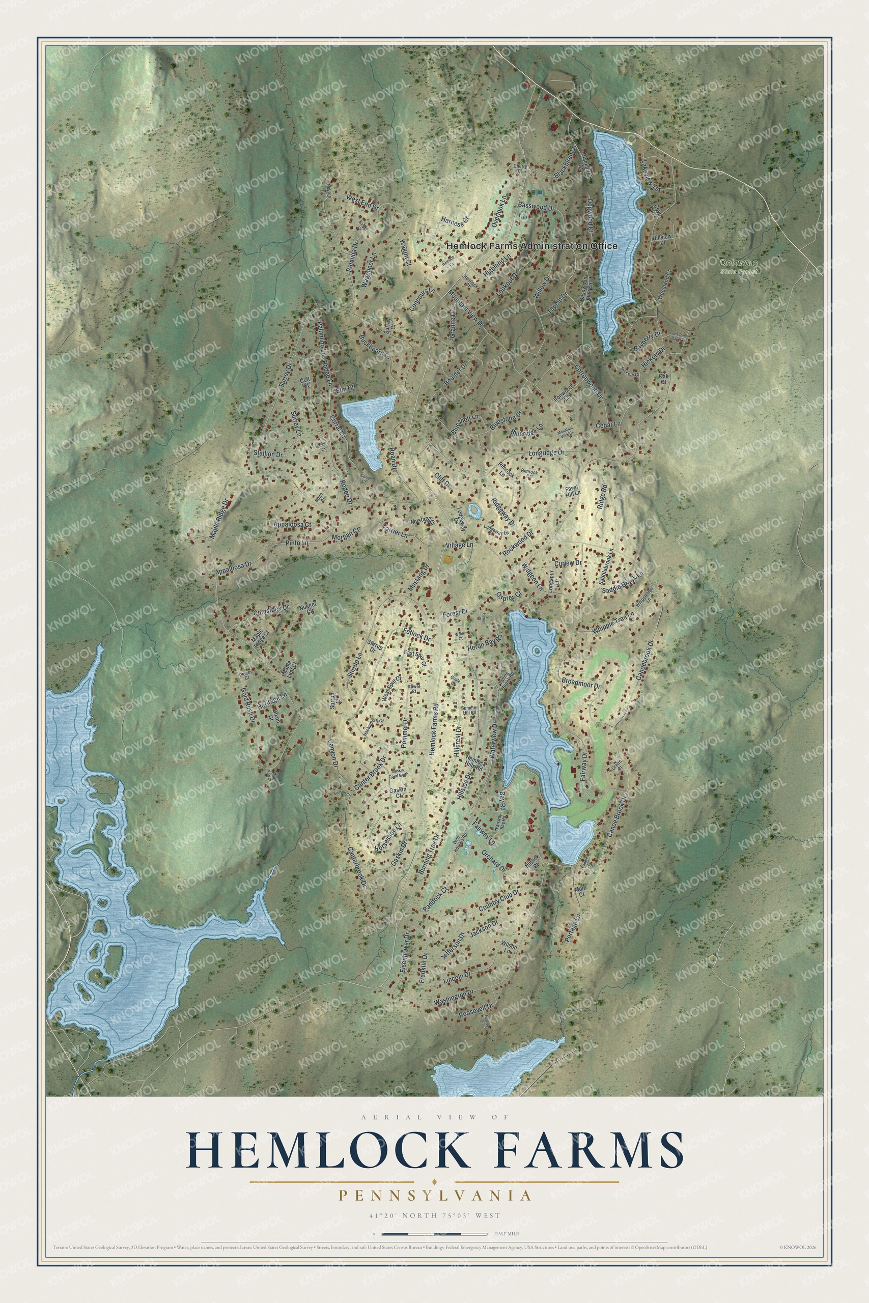 Full map of Hemlock Farms, Pennsylvania, with red buildings, printed street names and the land around them