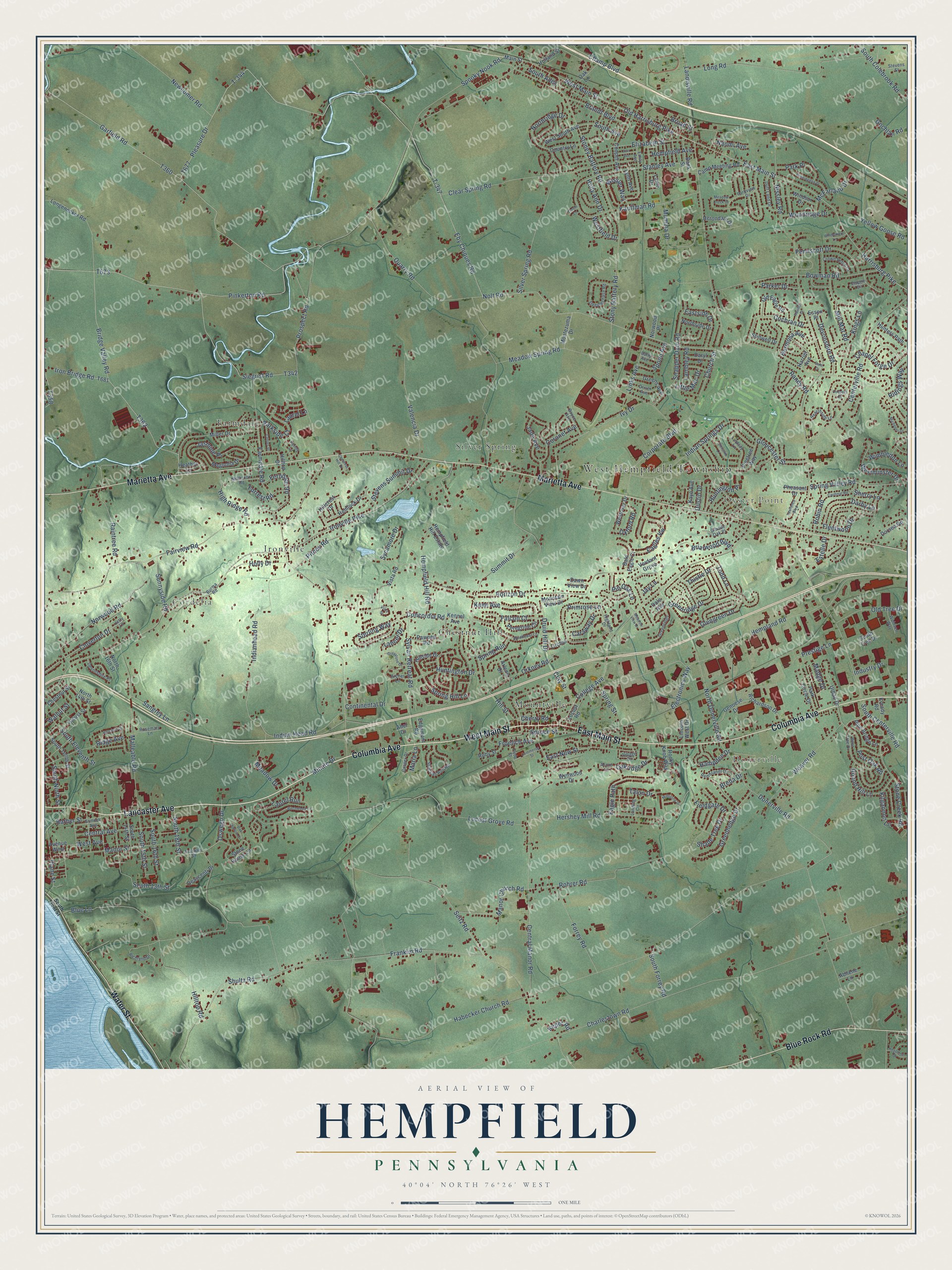 Full map of Hempfield, Pennsylvania, with red buildings, printed street names and the land around them