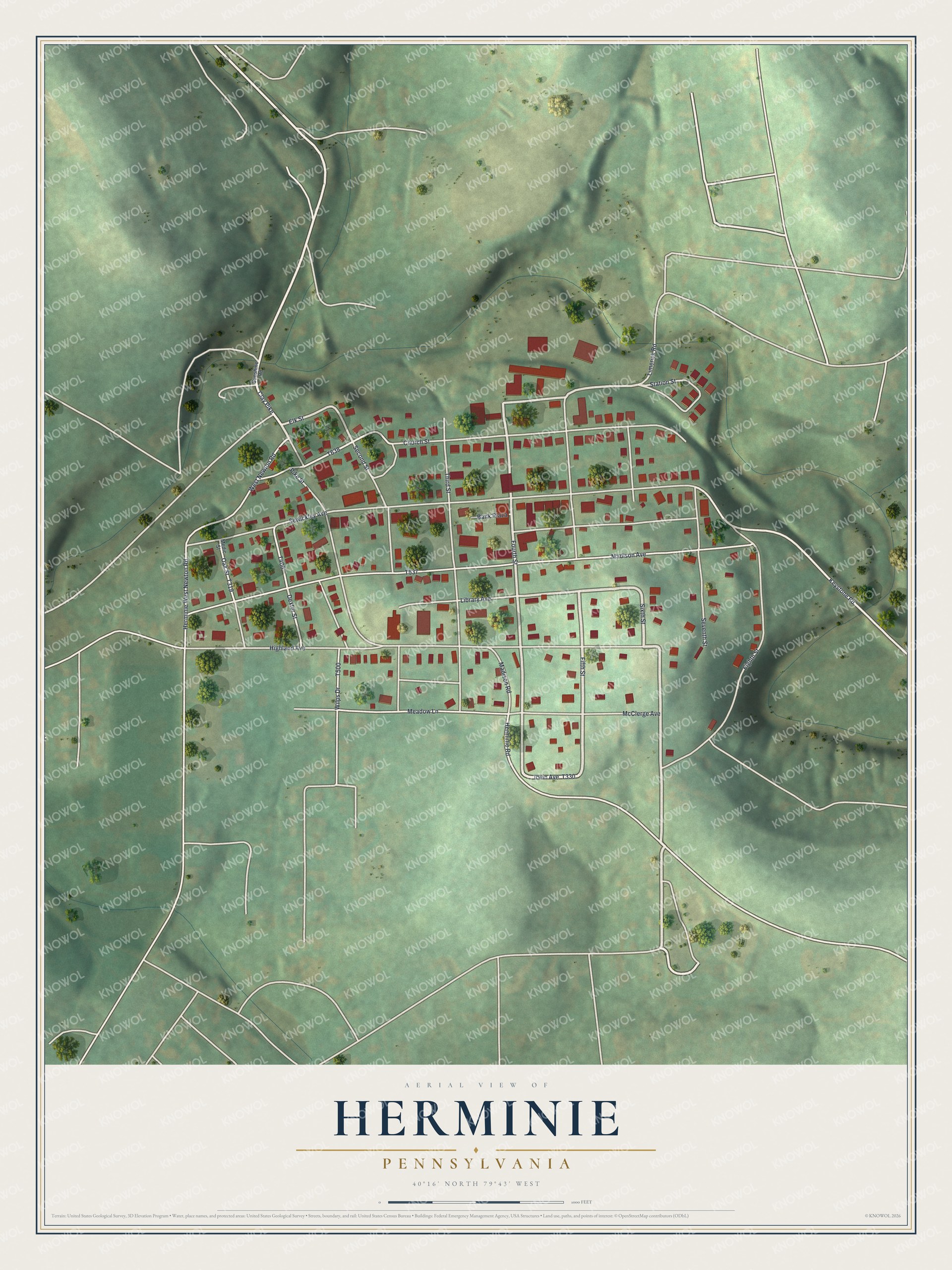Full map of Herminie, Pennsylvania, with red buildings, printed street names and the land around them
