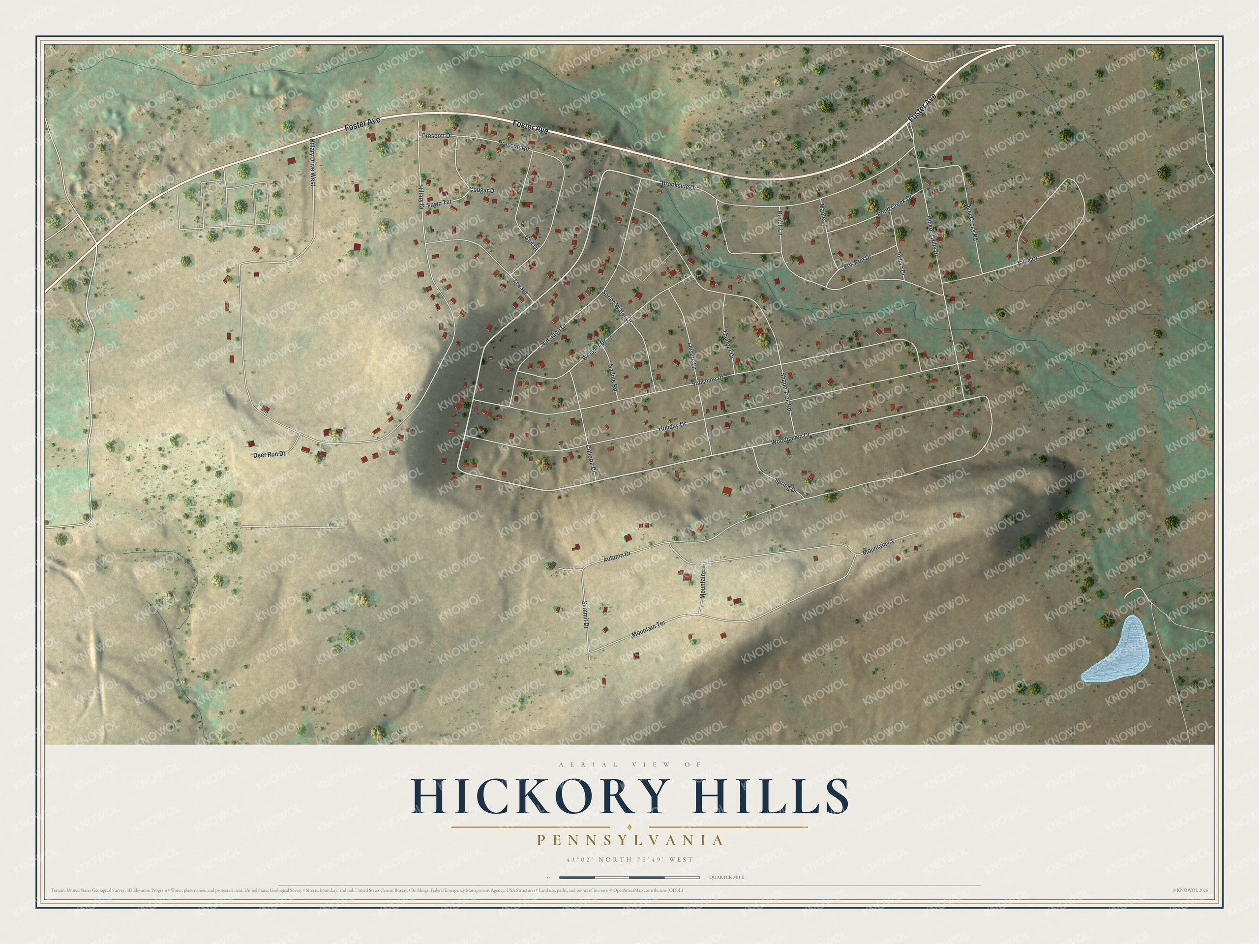 Full map of Hickory Hills, Pennsylvania, with red buildings, printed street names and the land around them