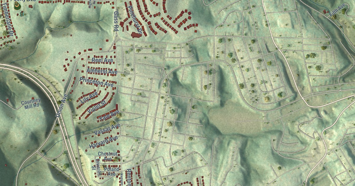 Close-up of streets and buildings in Highcliff, Pennsylvania